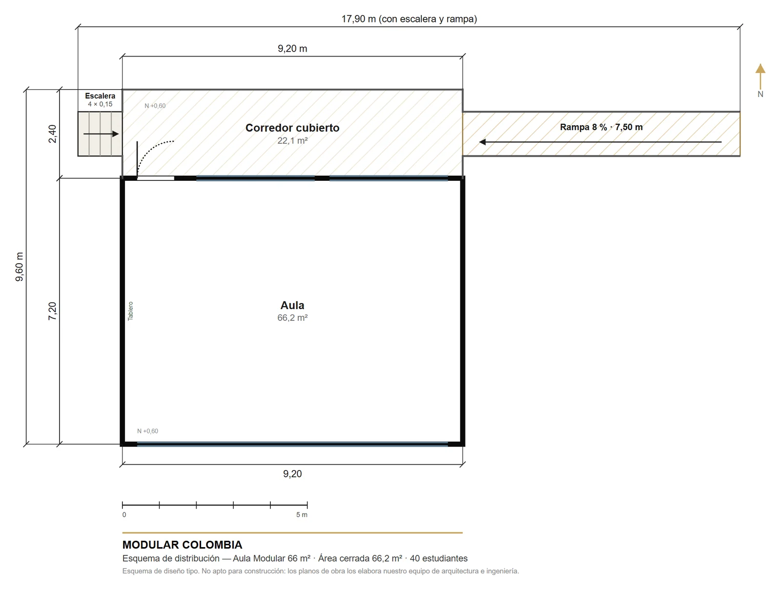 Plano de aula modular de 66 m² con cotas, tablero, ventanas y corredor cubierto