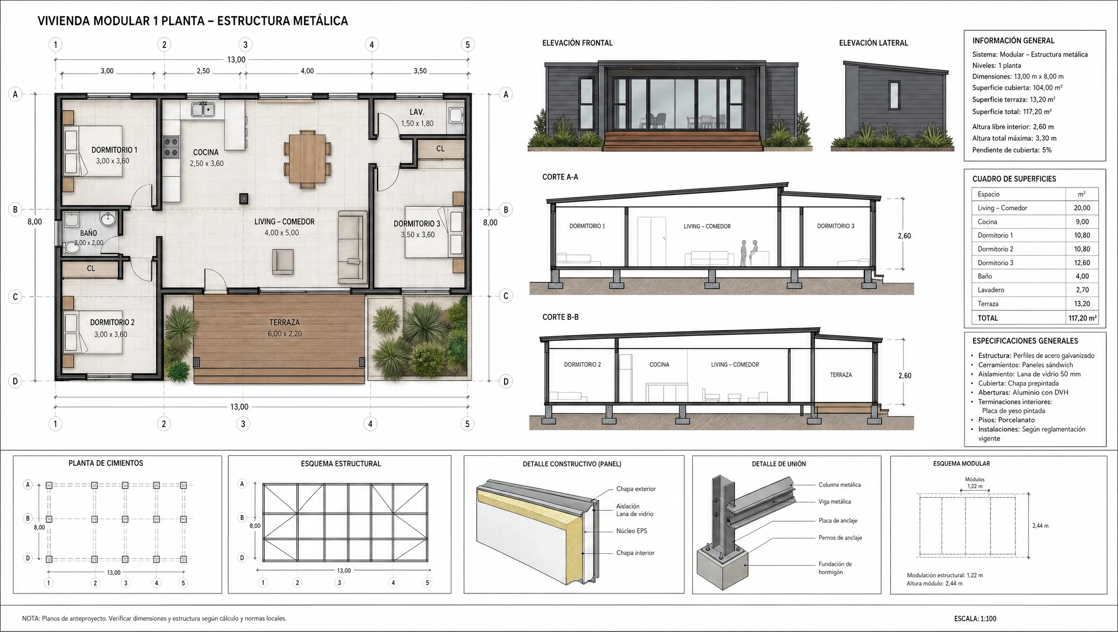Plano arquitectónico de casa prefabricada en metal de 104 m² — Modular Colombia