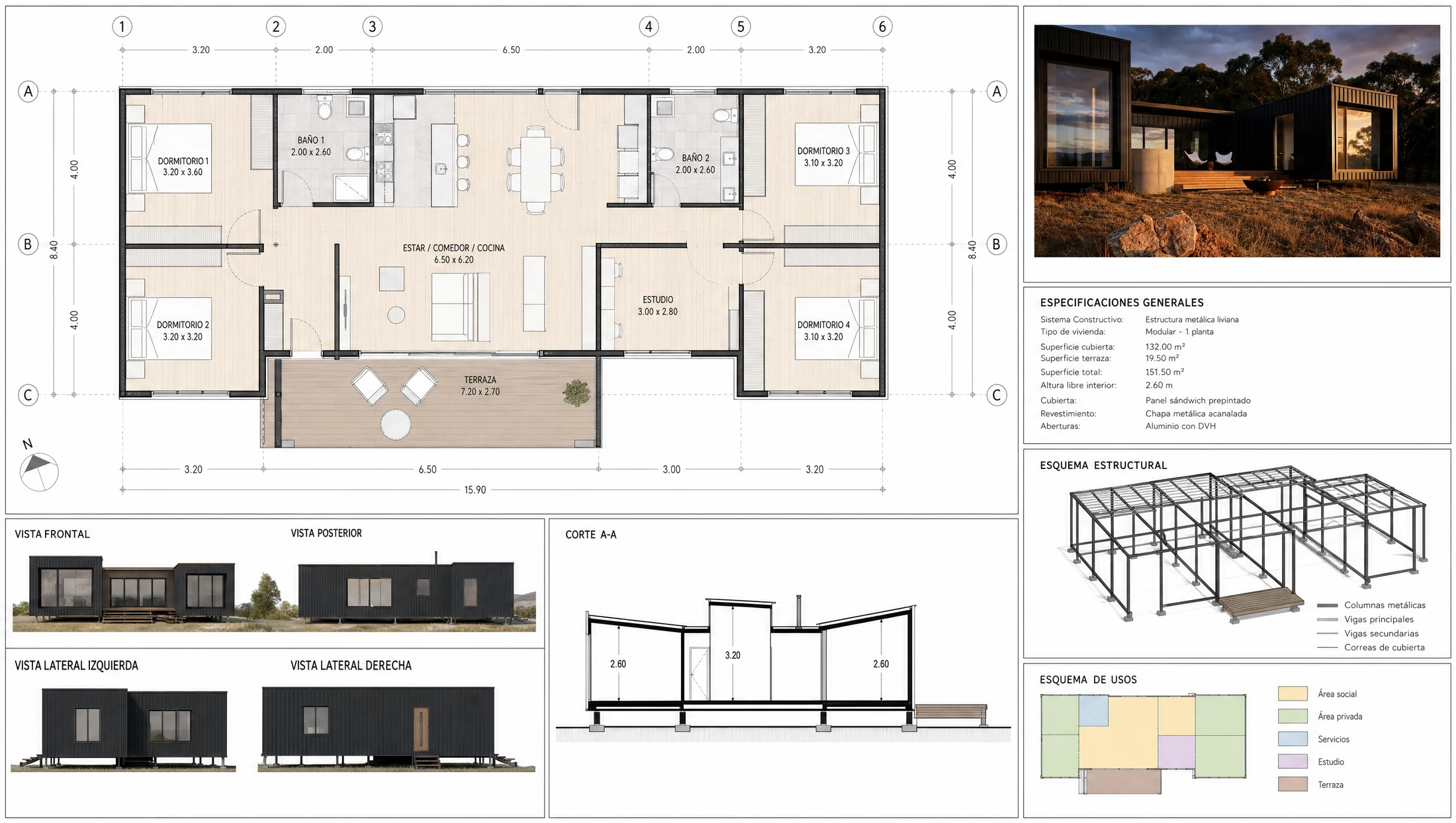Plano arquitectónico de casa prefabricada en metal de 132 m² — Modular Colombia