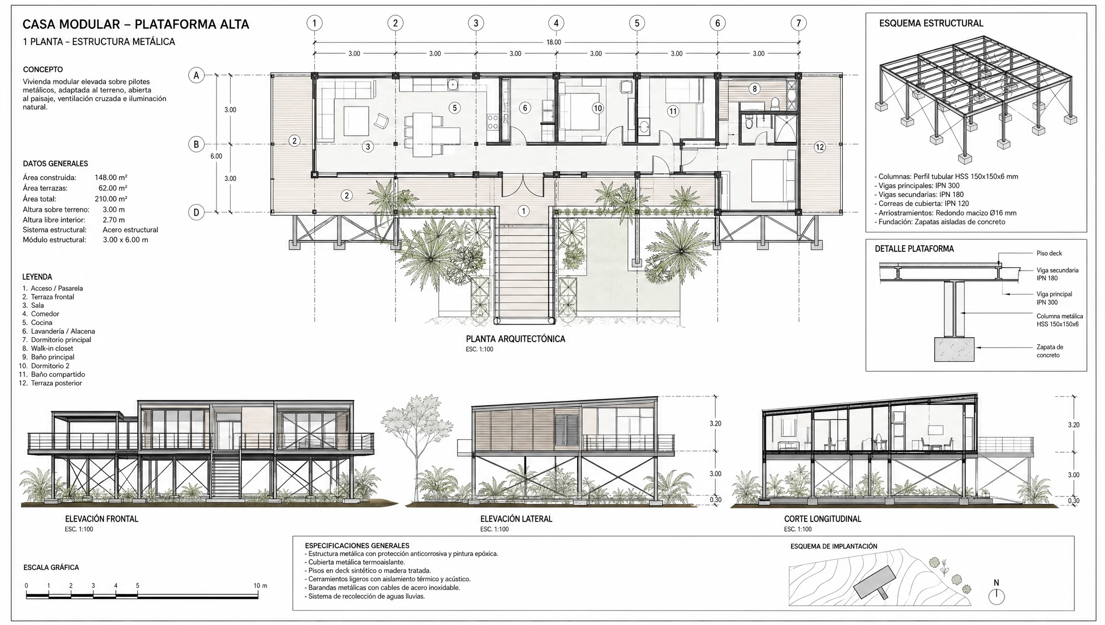 Plano arquitectónico de casa prefabricada en metal de 148 m² — Modular Colombia