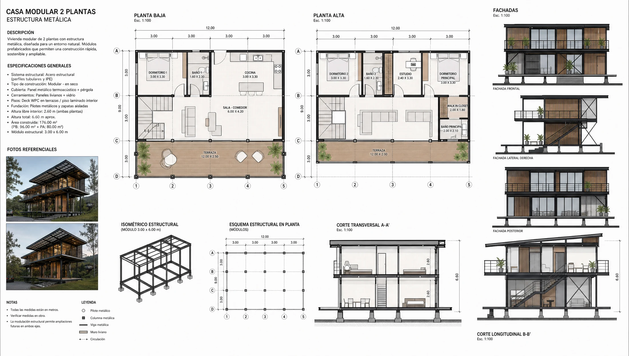 Plano arquitectónico de casa prefabricada en metal de 176 m² — Modular Colombia