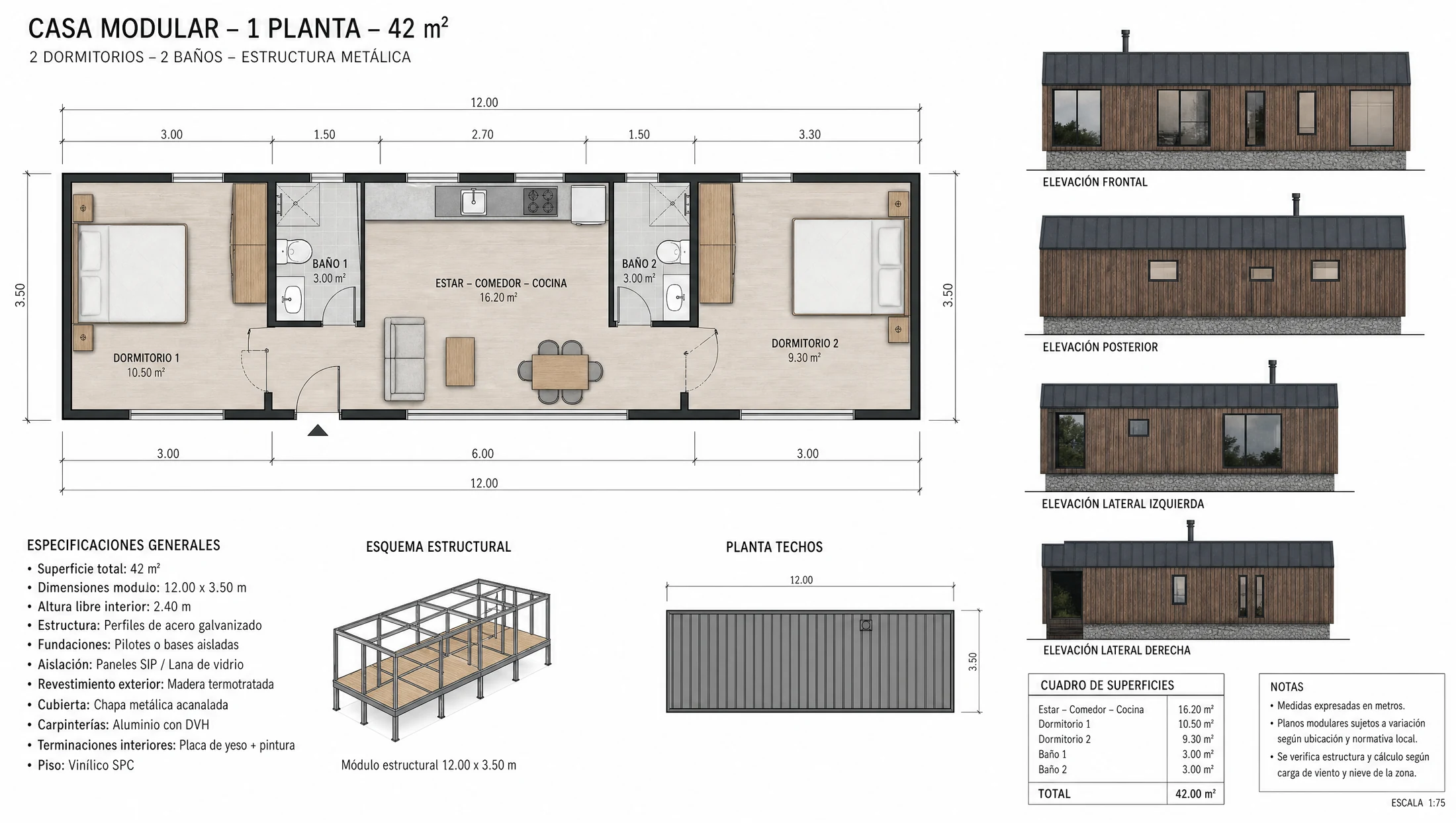 Plano arquitectónico de casa prefabricada en metal de 42 m² — Modular Colombia