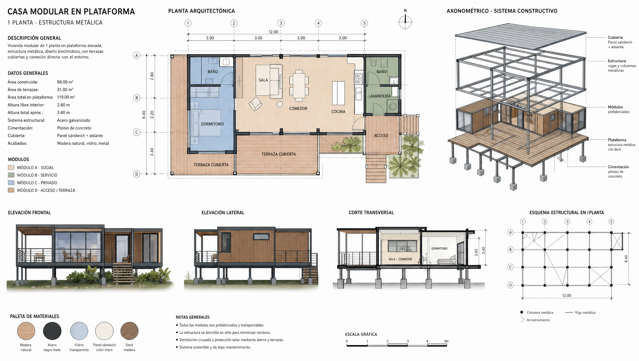 Plano arquitectónico de casa prefabricada en metal de 88 m² — Modular Colombia