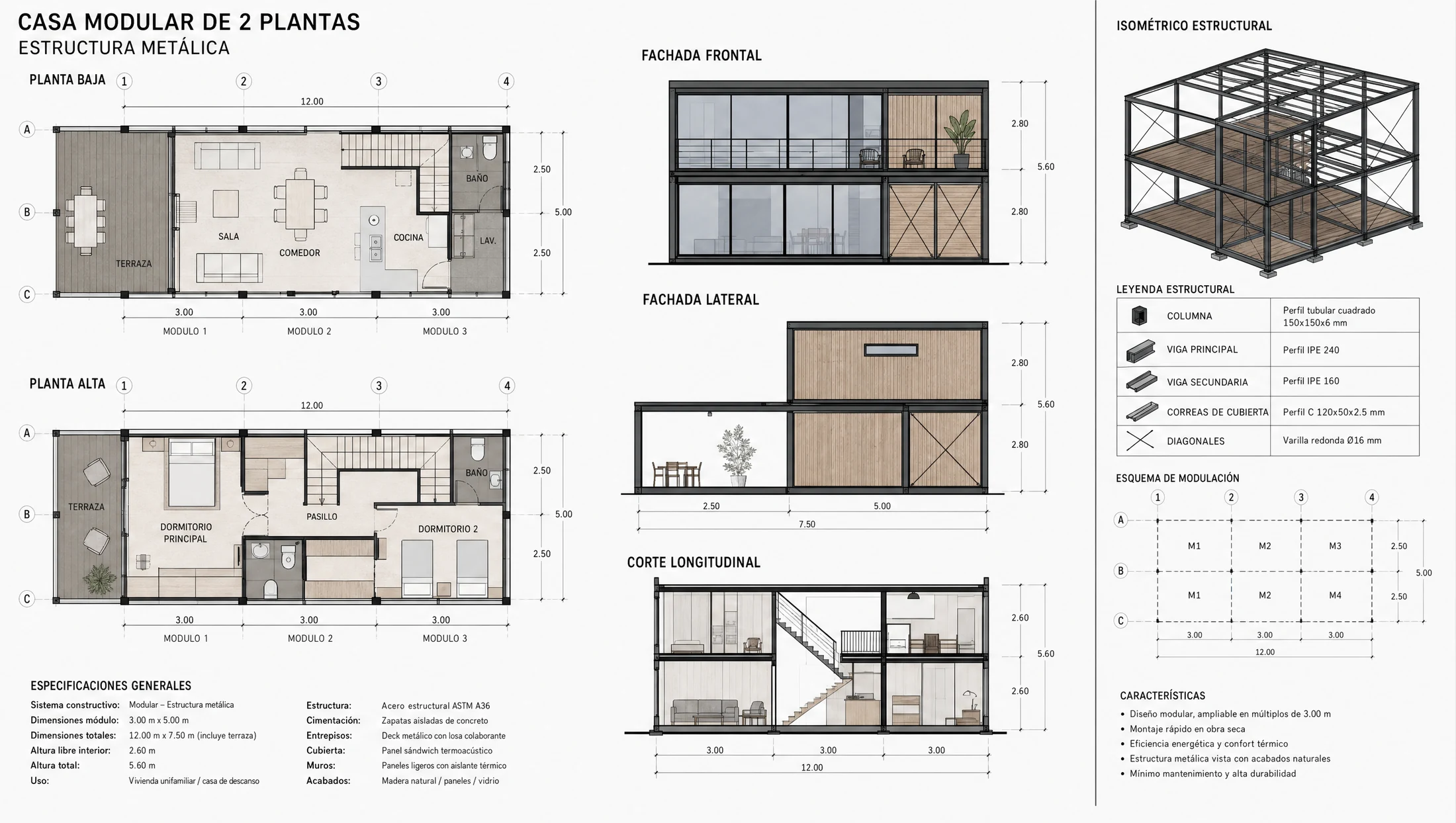 Plano arquitectónico de casa prefabricada en metal de 90 m² — Modular Colombia