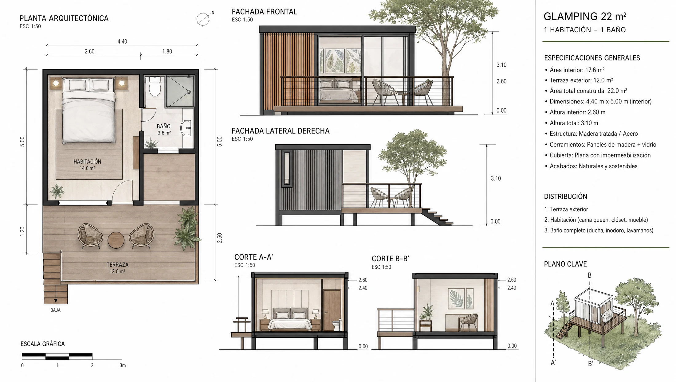 Plano de glamping modular en estructura metálica