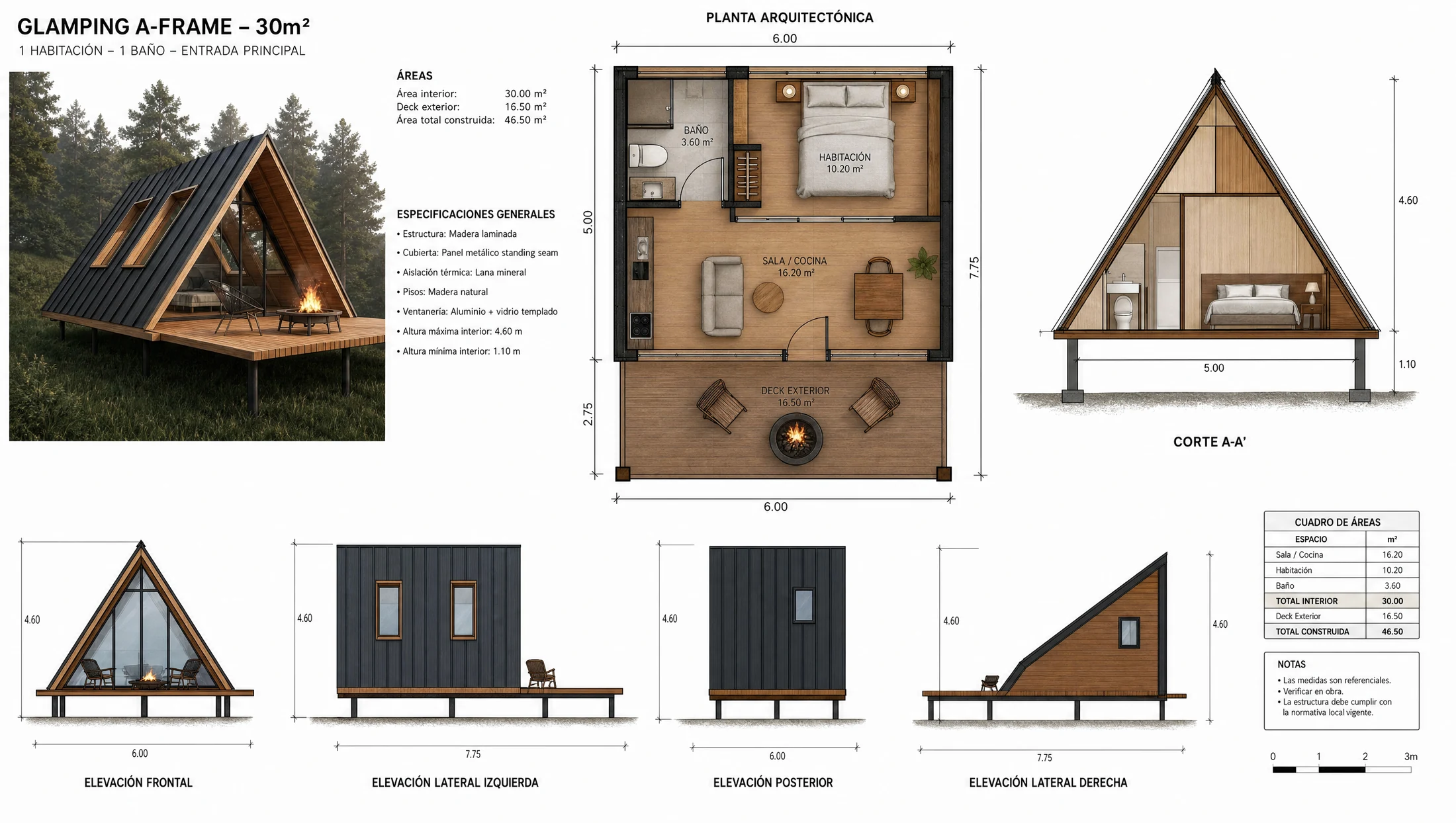 Plano de glamping modular en estructura metálica