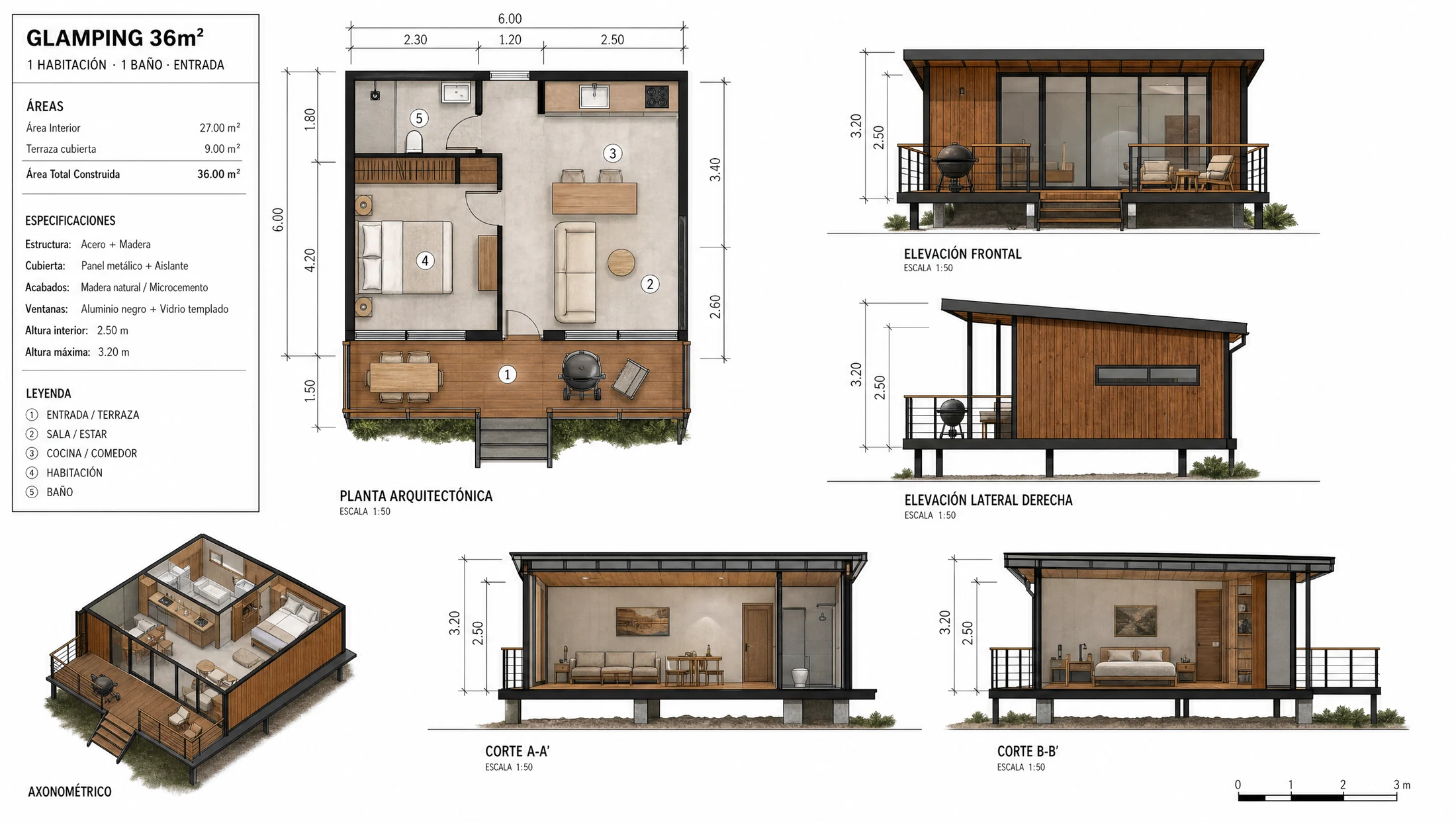 Plano de glamping modular en estructura metálica
