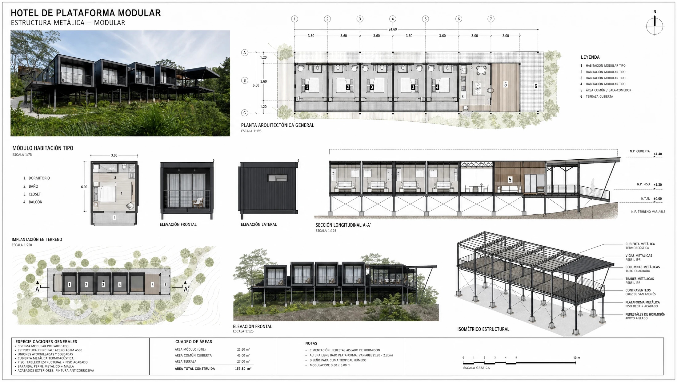 Plano de hotel modular en estructura metálica