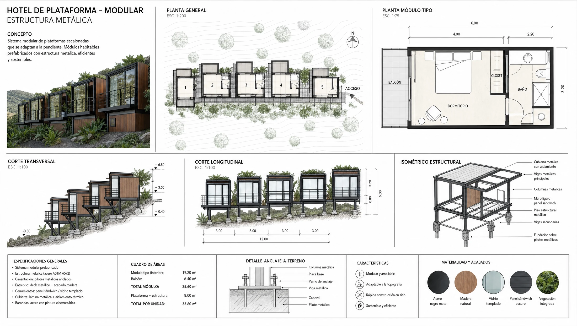 Plano de hotel modular en estructura metálica
