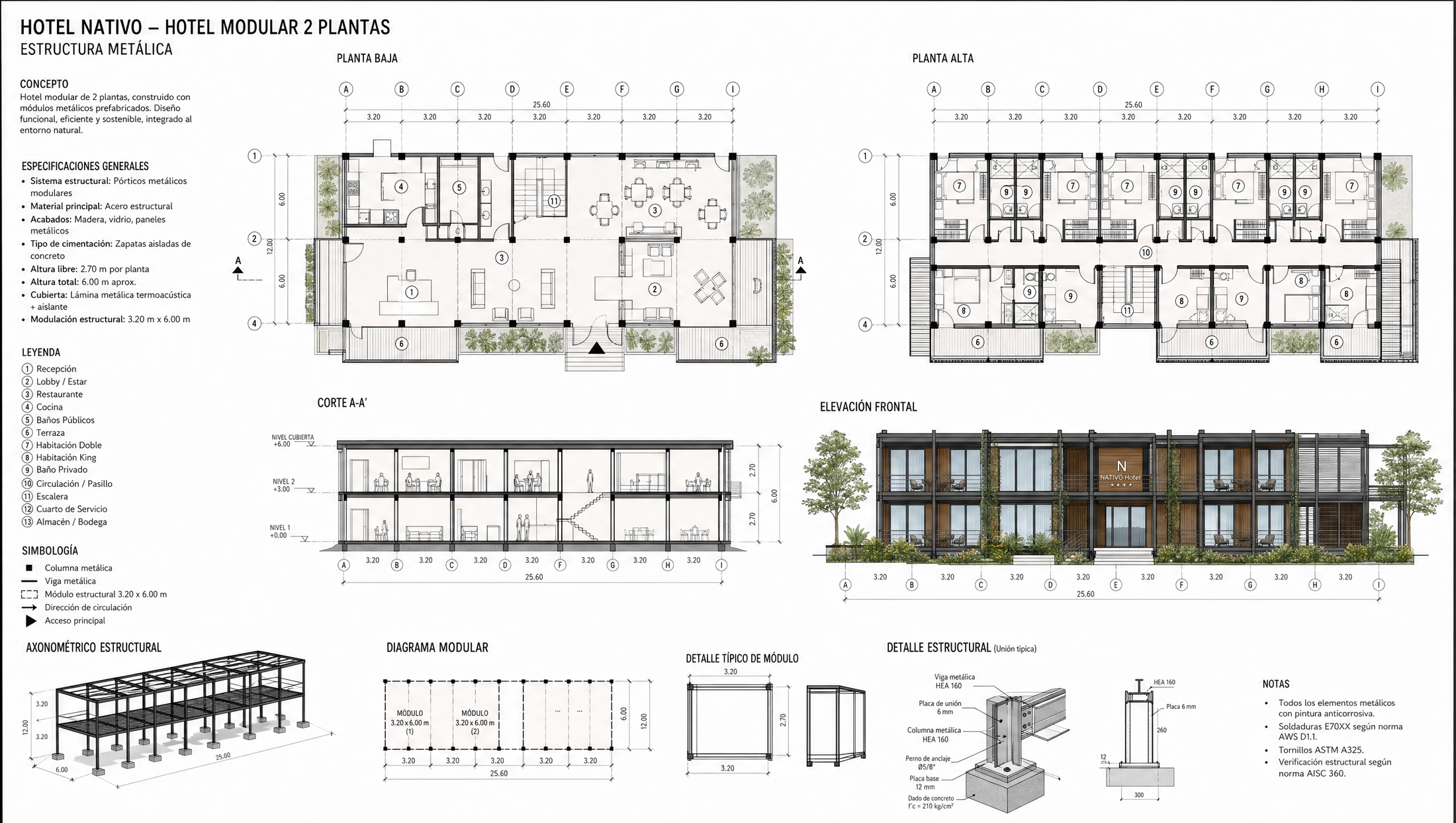Plano de hotel modular en estructura metálica