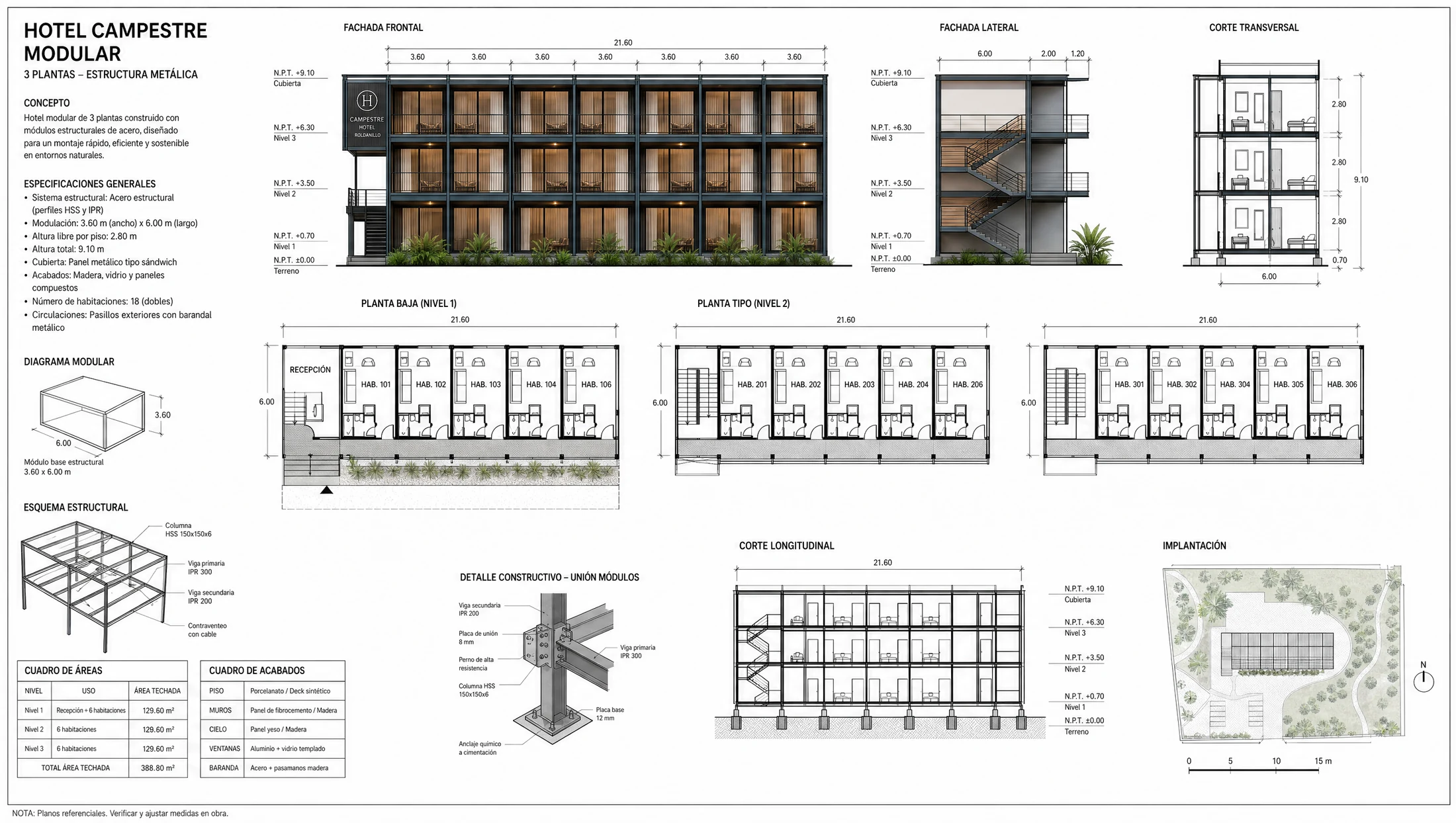 Plano de hotel modular en estructura metálica