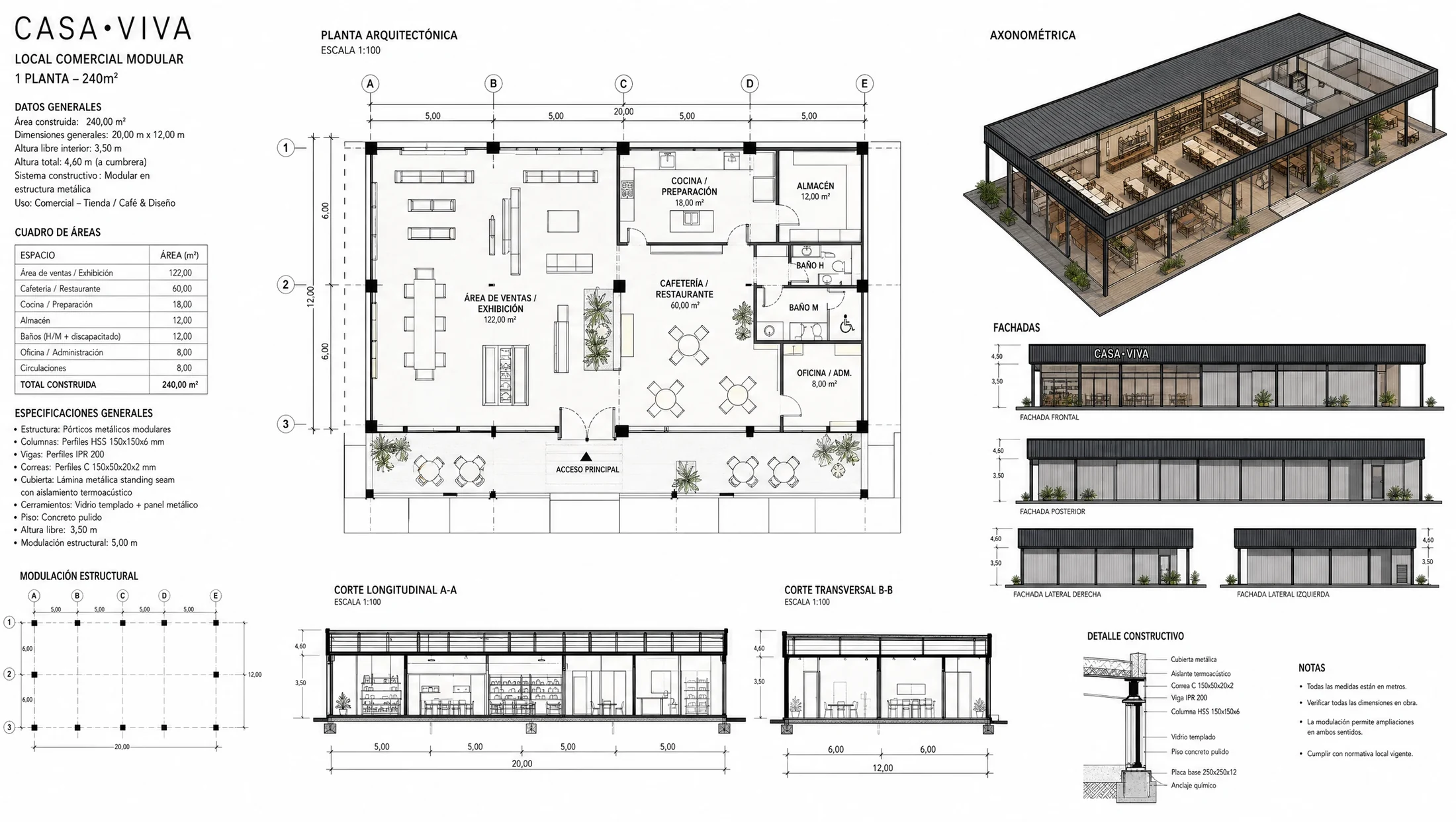 Plano de local comercial modular en metal y en container