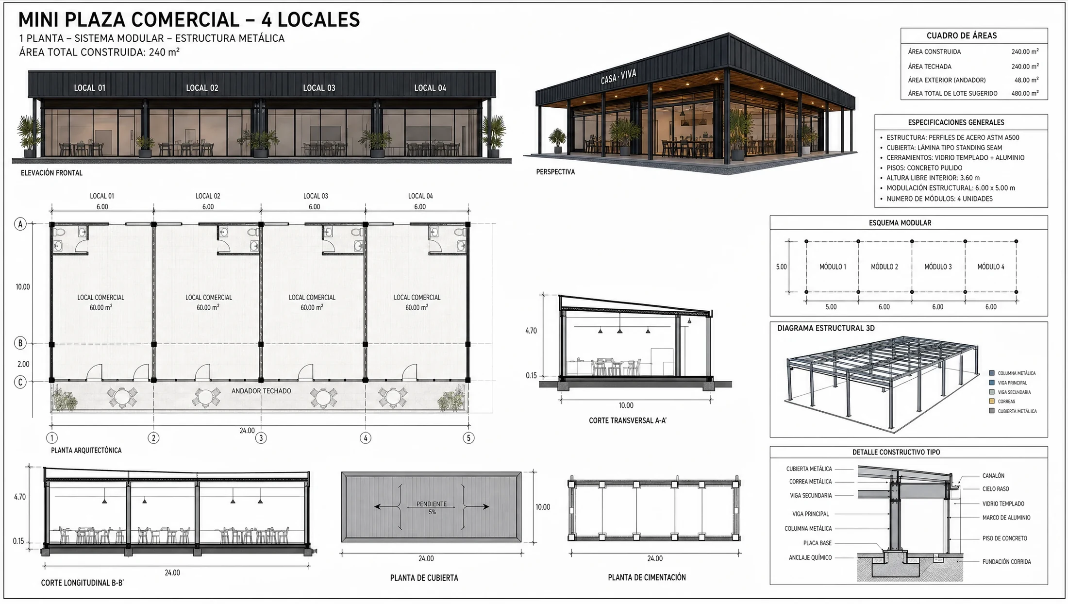 Plano de local comercial modular en metal y en container