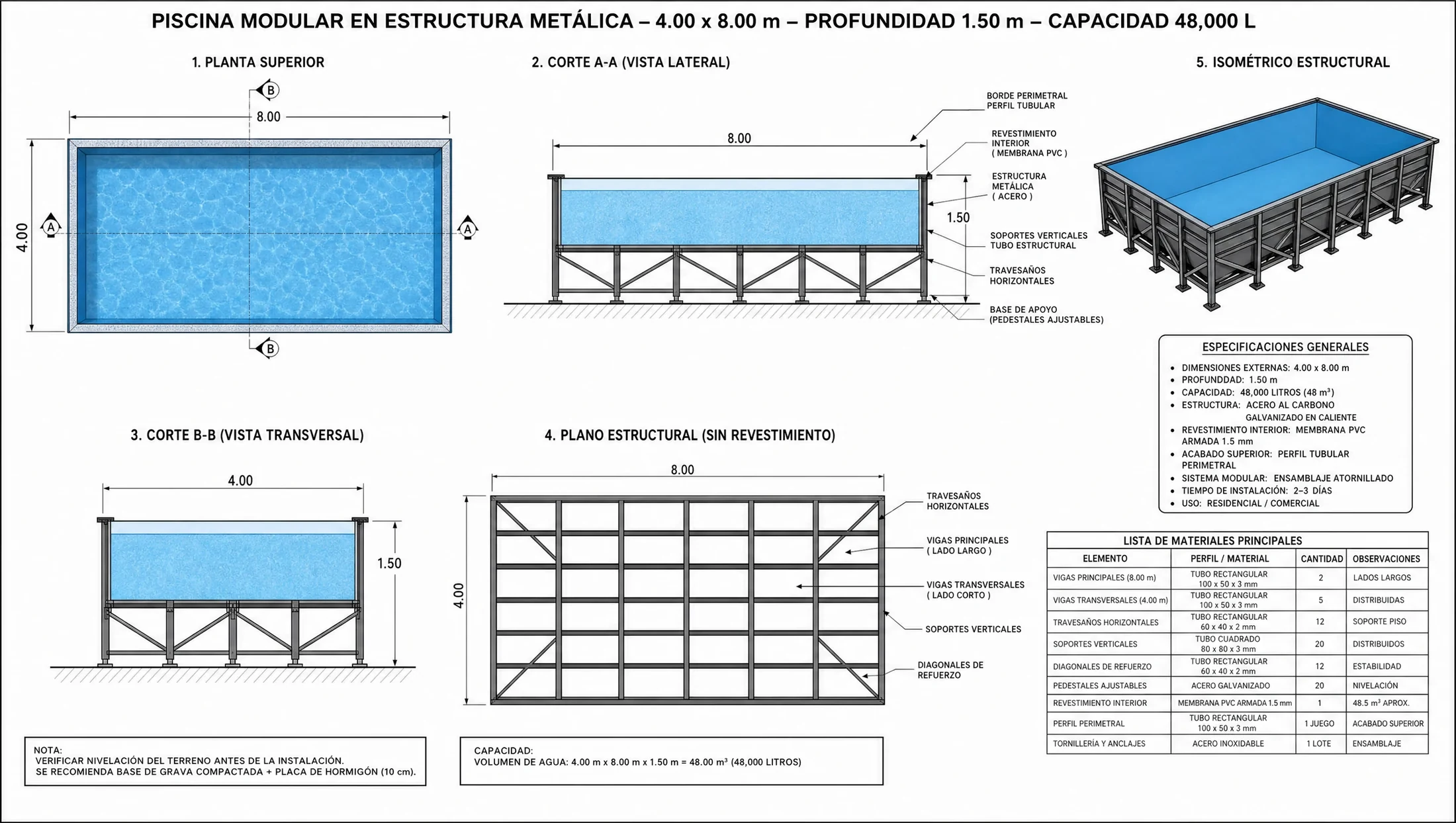 Plano de piscina modular en estructura metálica