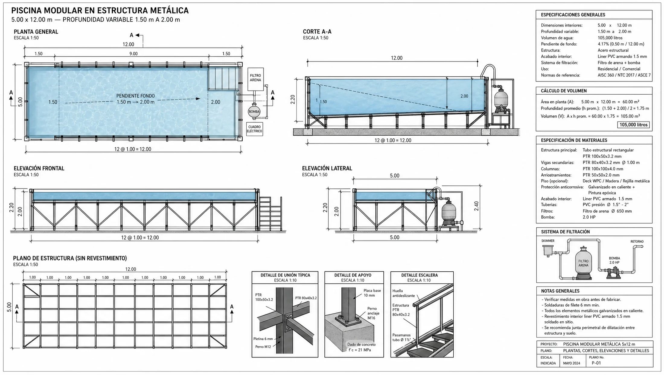 Plano de piscina modular en estructura metálica