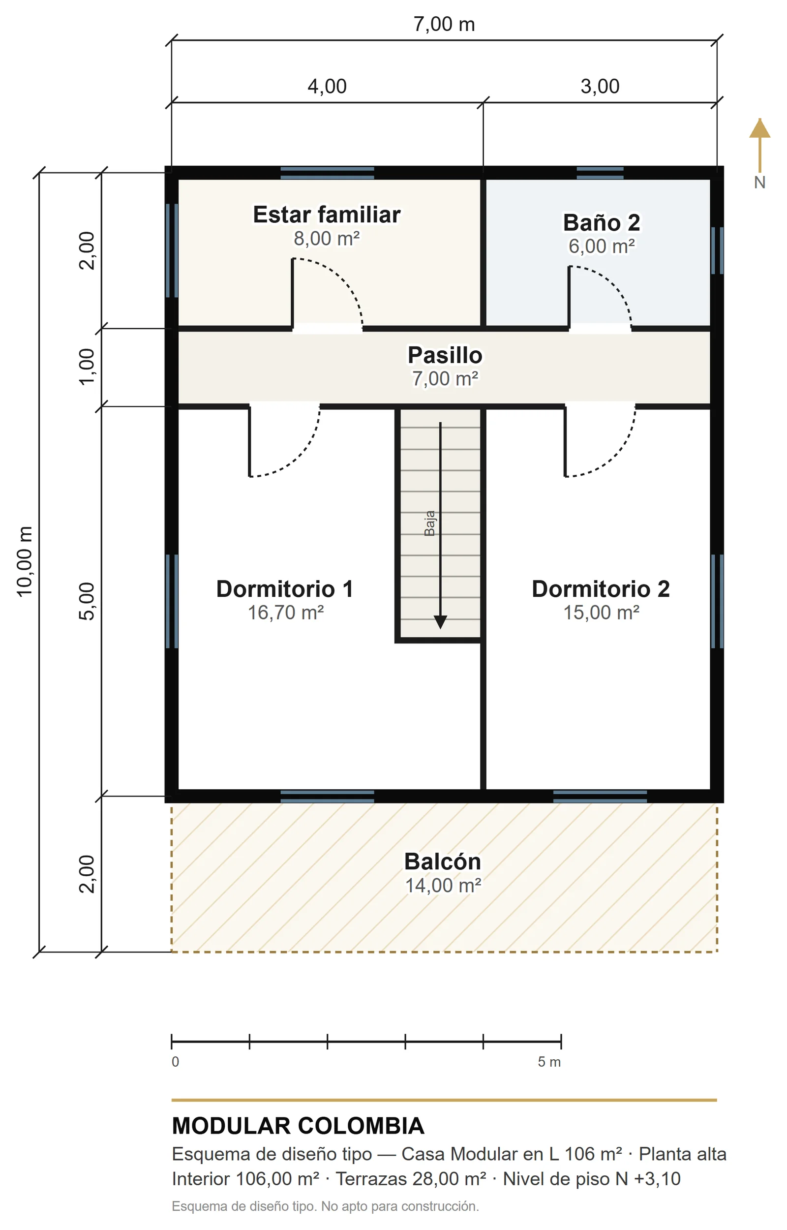 Plano de la planta alta de Casa Modular en L 106 m² — Modular Colombia