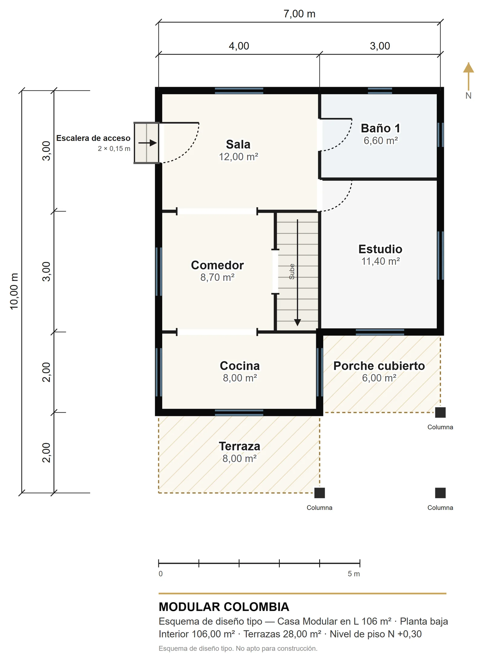 Plano de la planta baja de Casa Modular en L 106 m² — Modular Colombia