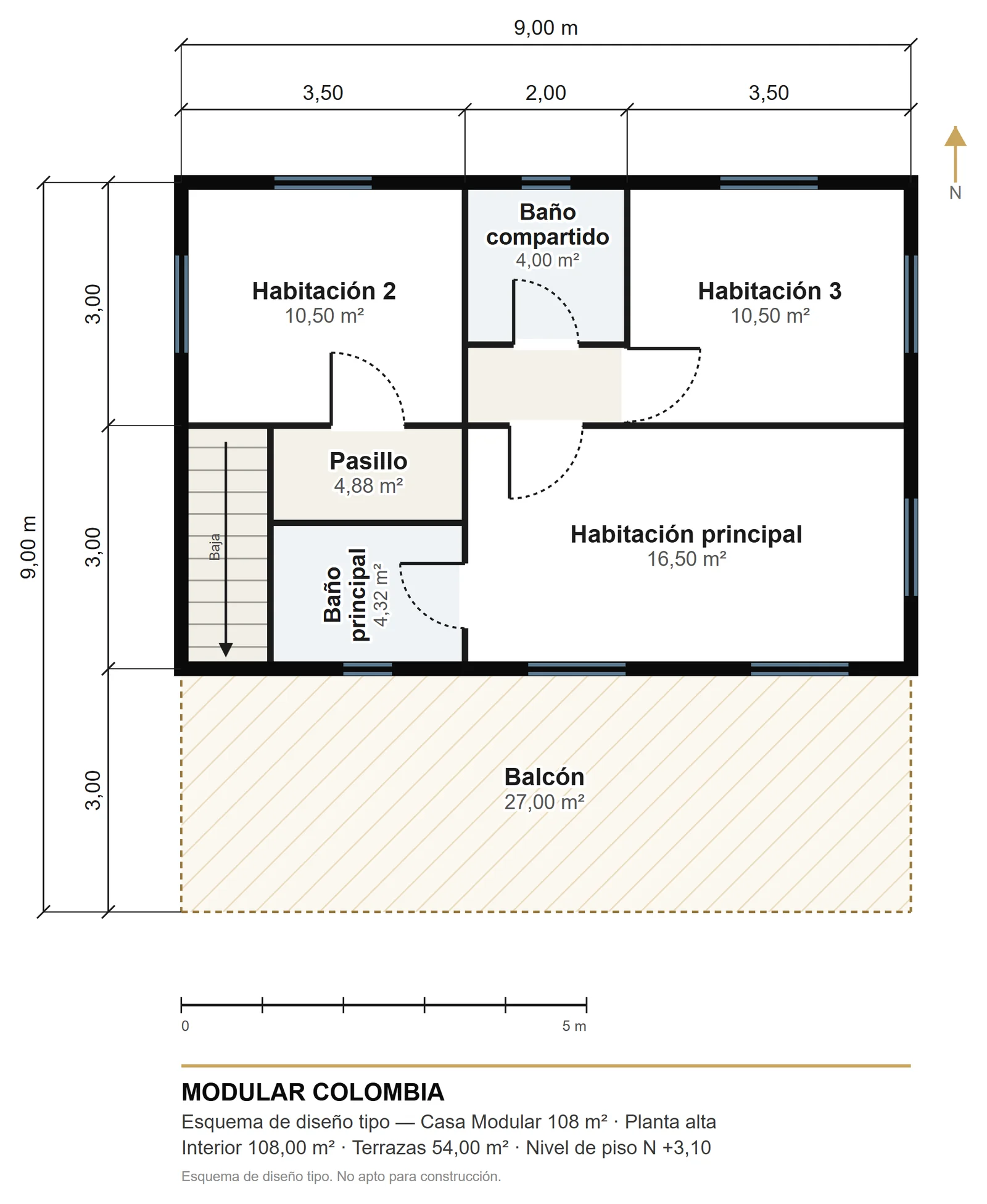 Plano de la planta alta de Casa Modular 108 m² — Modular Colombia