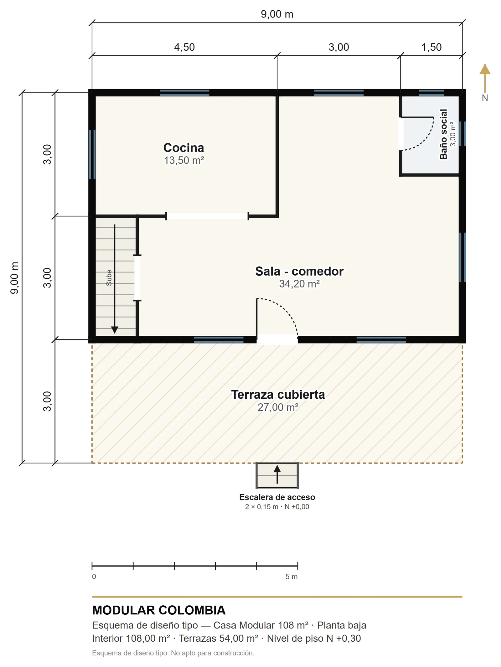 Plano de la planta baja de Casa Modular 108 m² — Modular Colombia