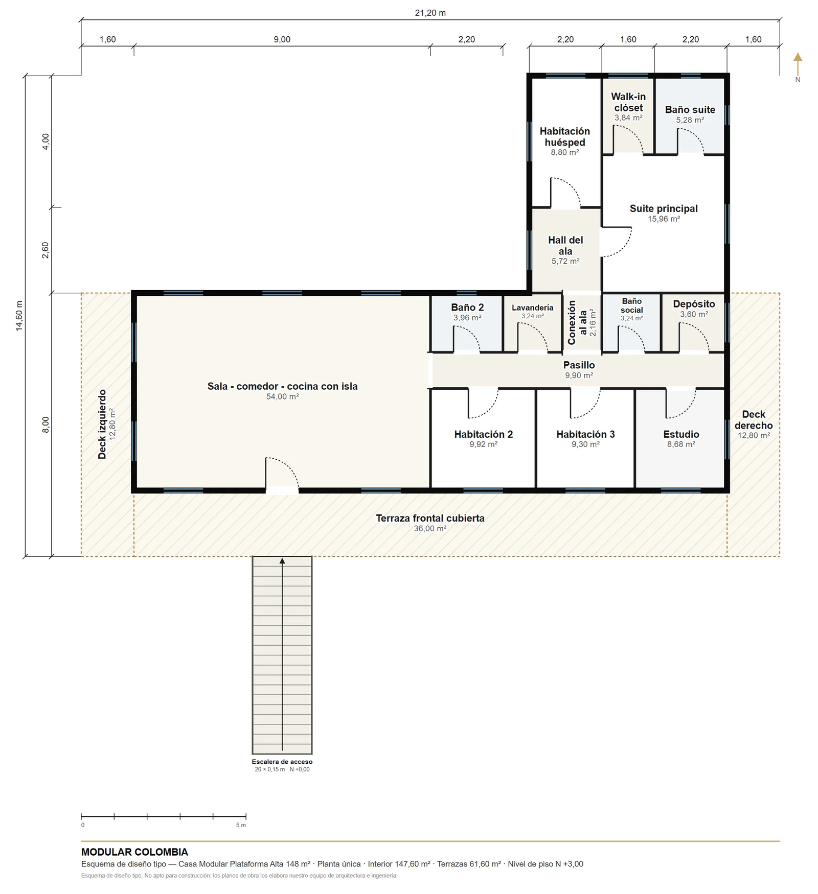 Plano de distribución de Casa Modular Plataforma Alta 148 m² — Modular Colombia