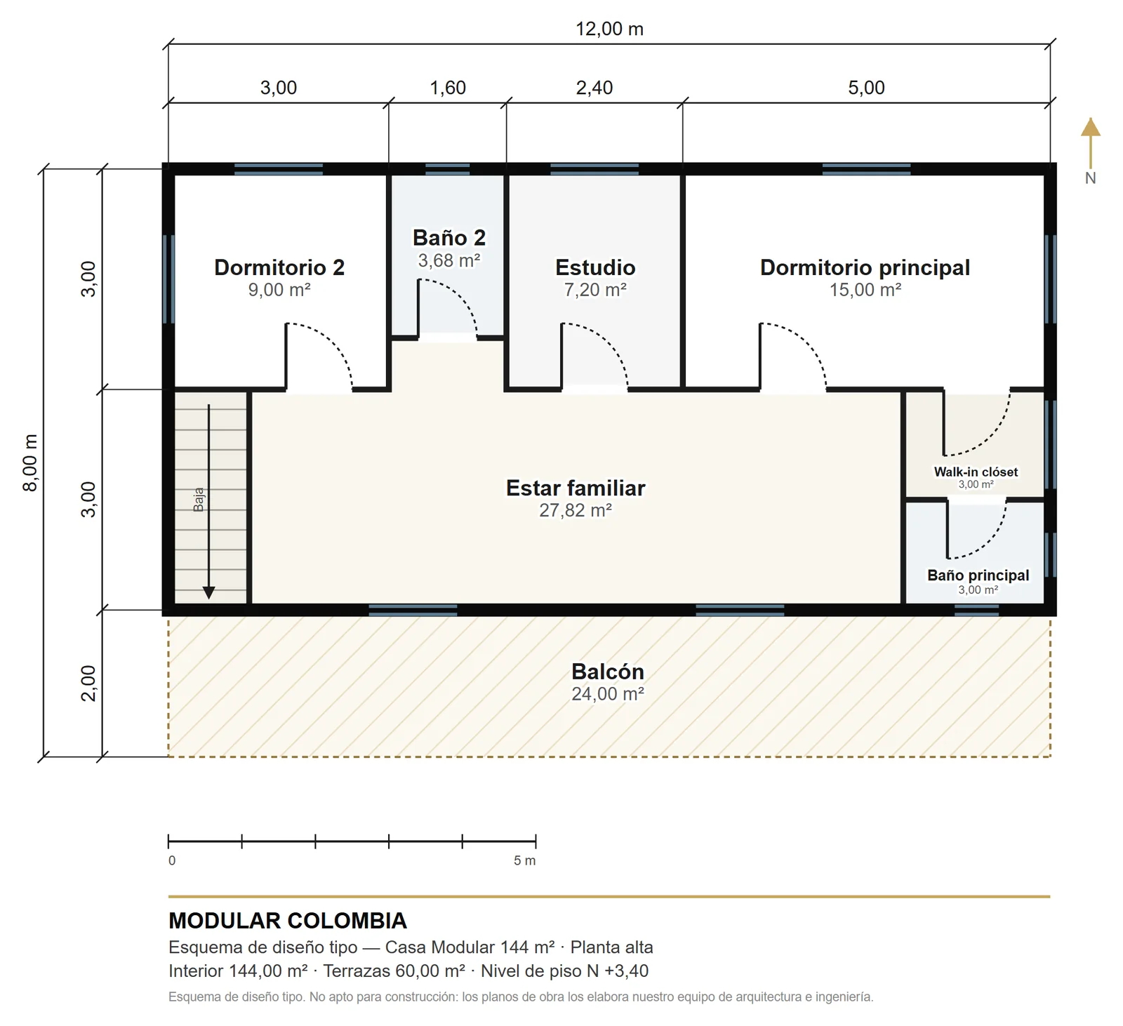 Plano de la planta alta de Casa Modular 144 m² — Modular Colombia
