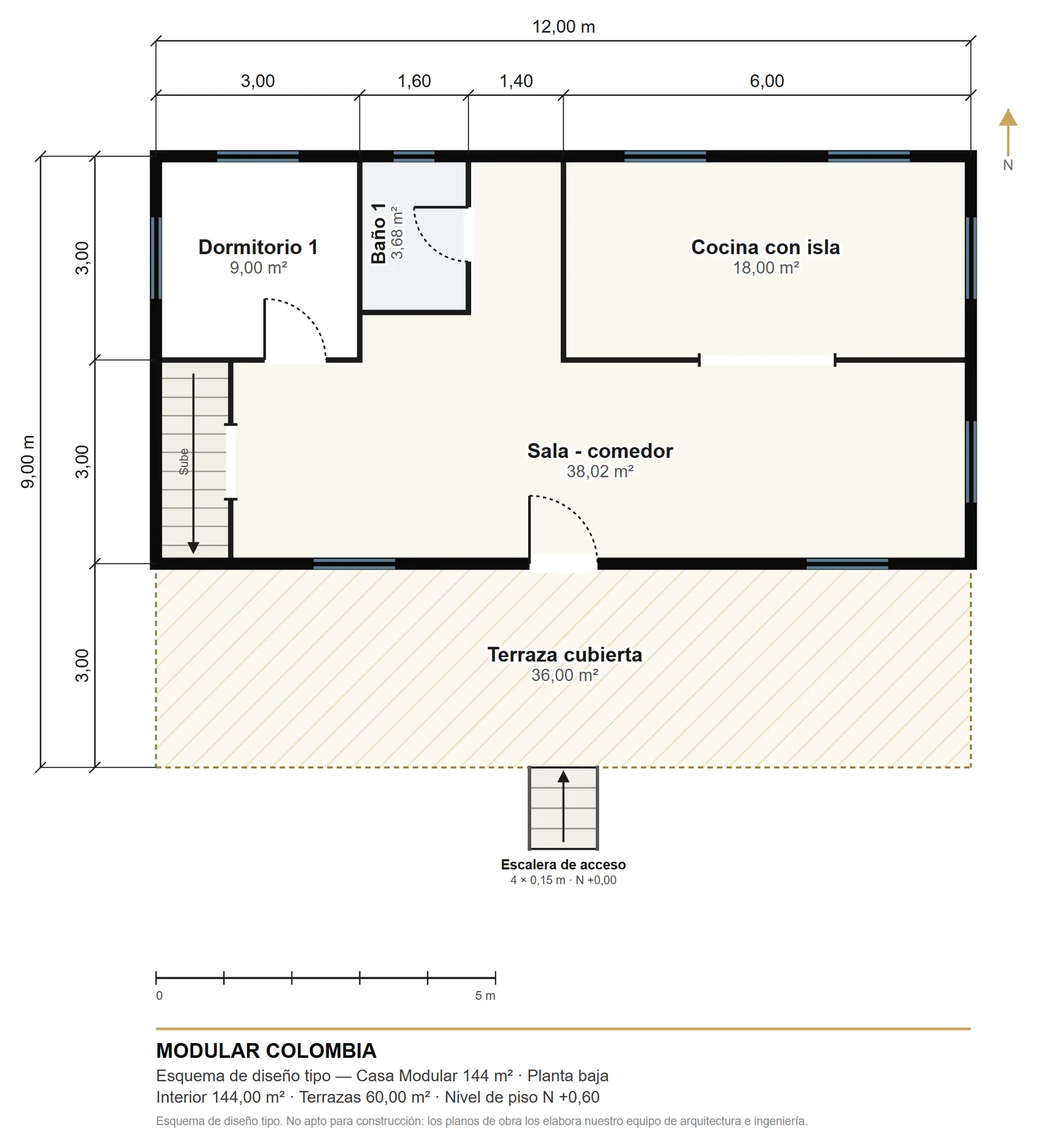 Plano de la planta baja de Casa Modular 144 m² — Modular Colombia