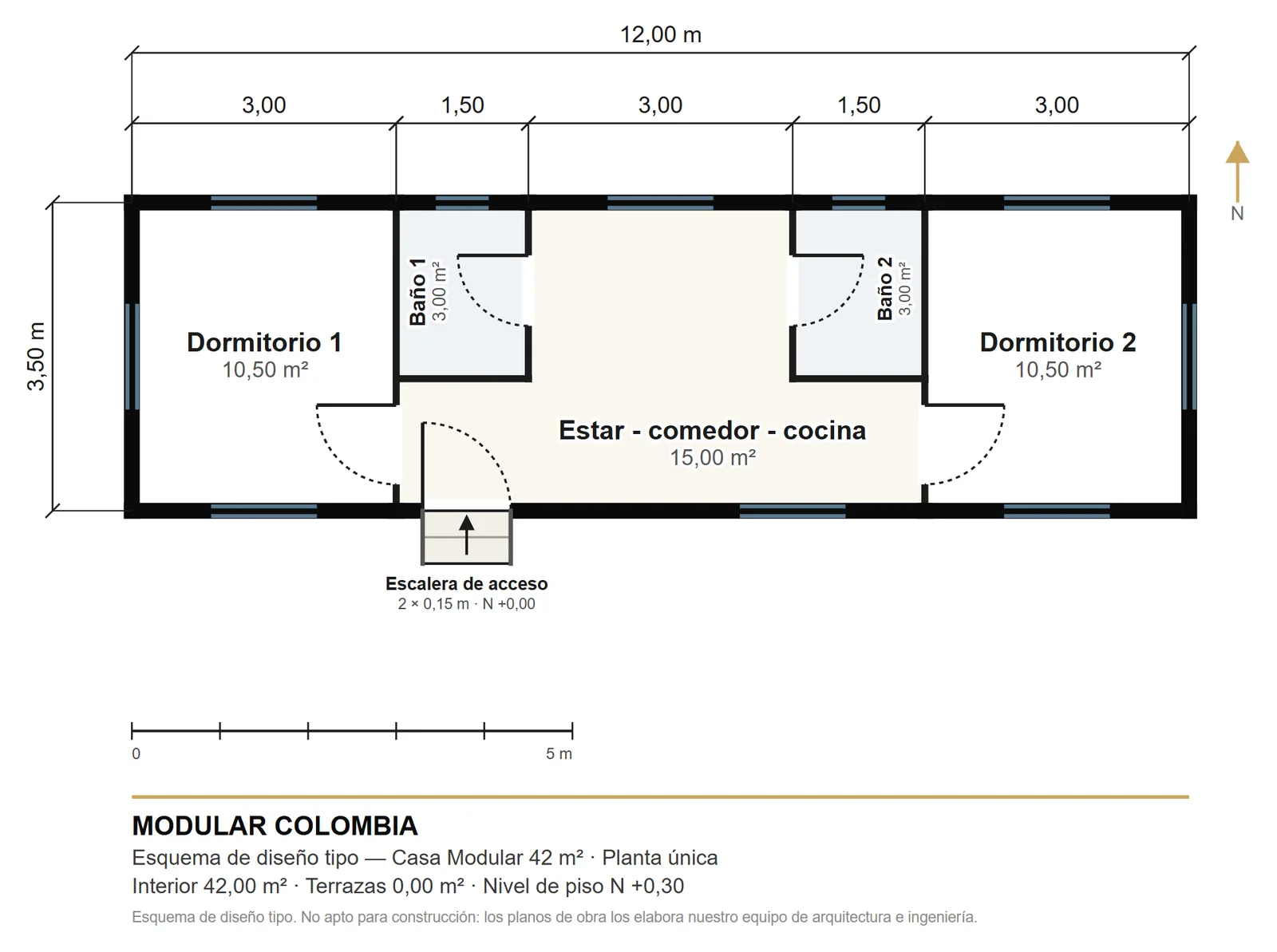 Plano de distribución de Casa Modular 42 m² — Modular Colombia