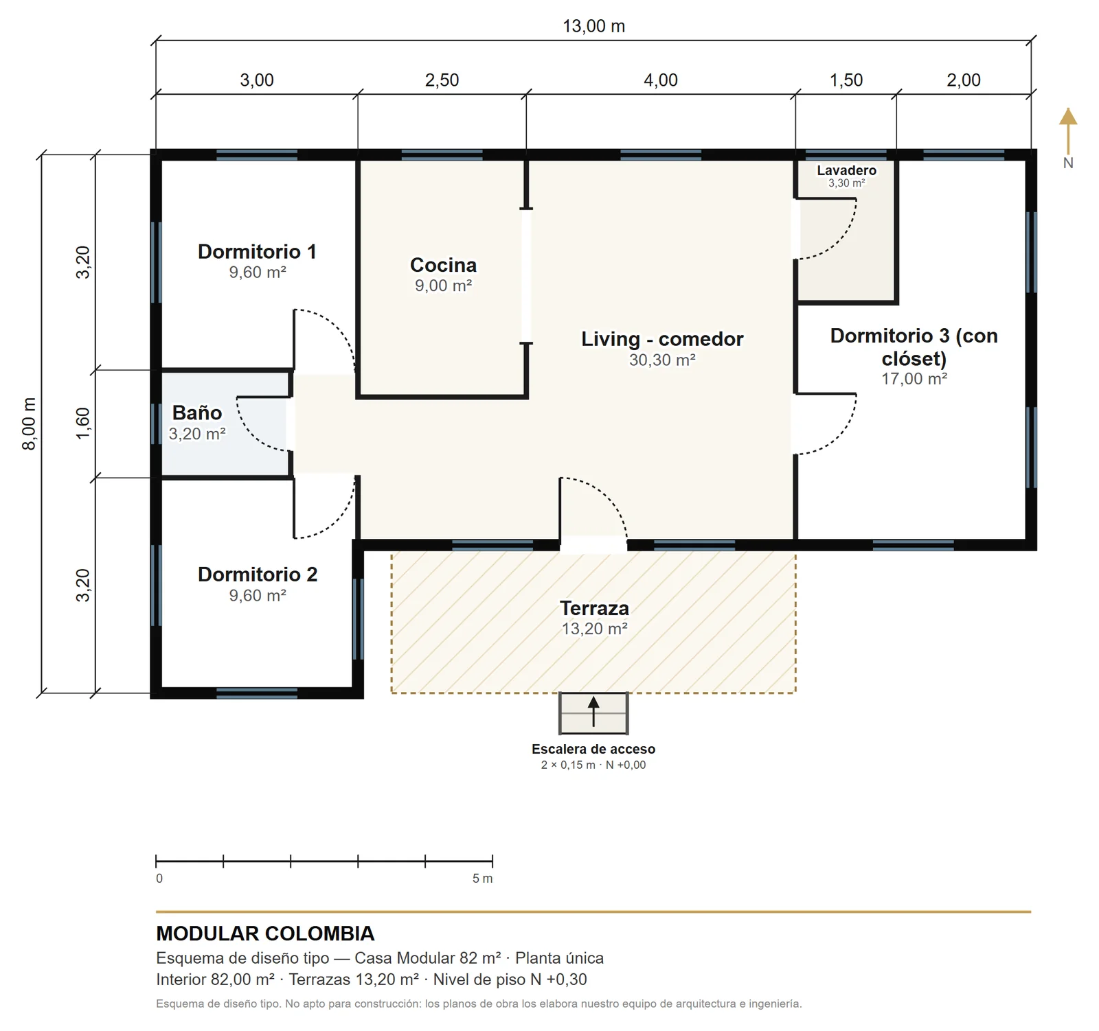 Plano de distribución de Casa Modular 82 m² — Modular Colombia