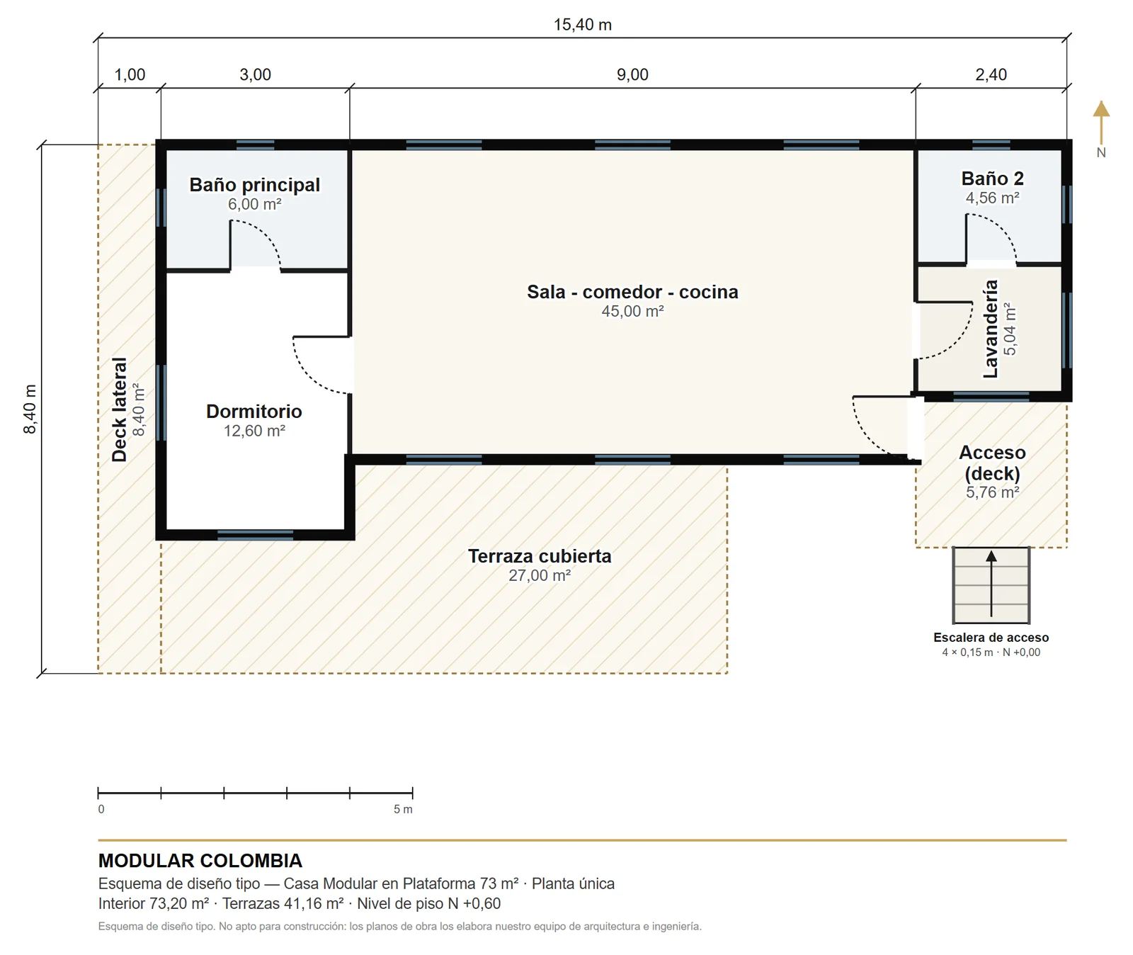 Plano de distribución de Casa Modular en Plataforma 73 m² — Modular Colombia