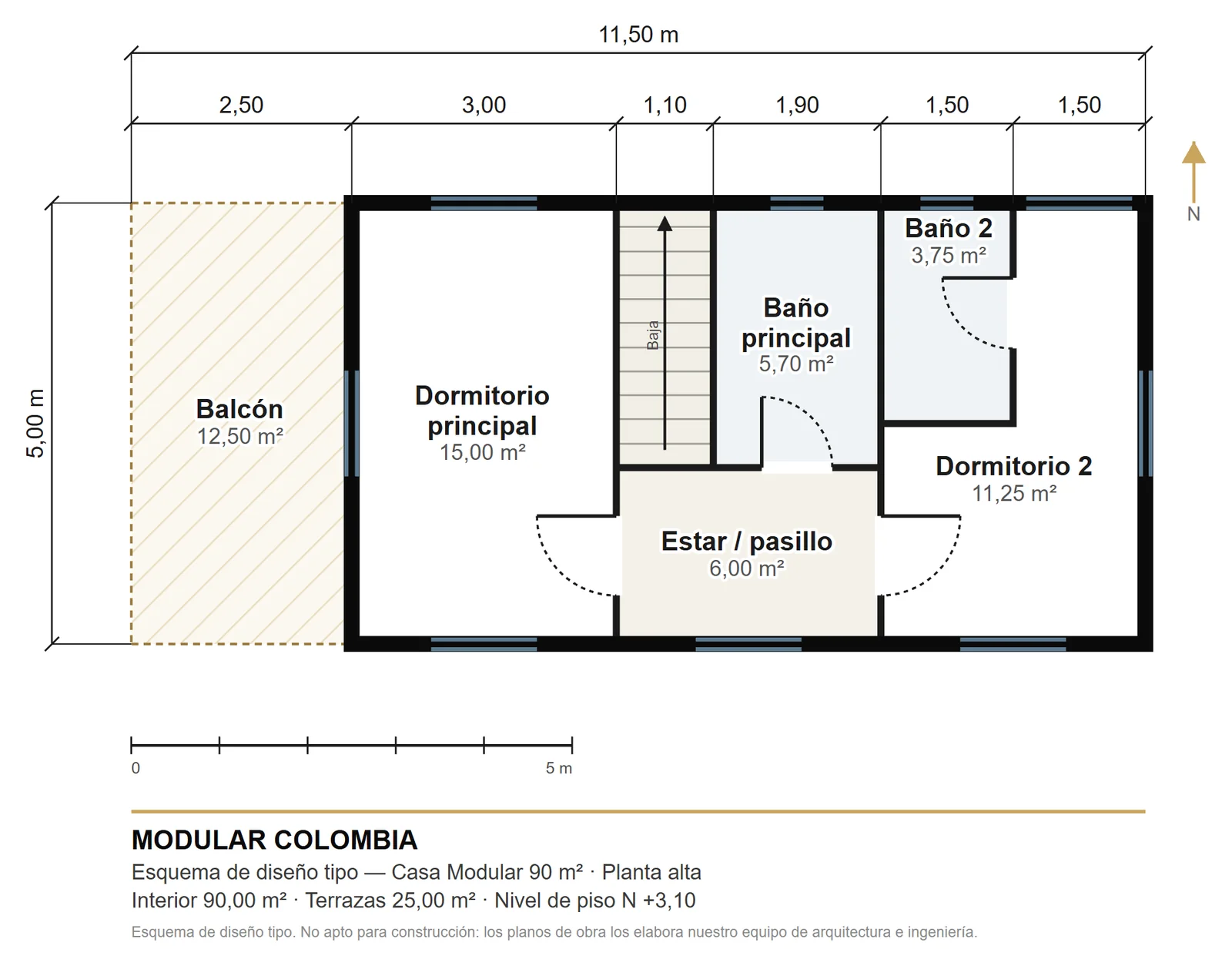 Plano de la planta alta de Casa Modular 90 m² — Modular Colombia