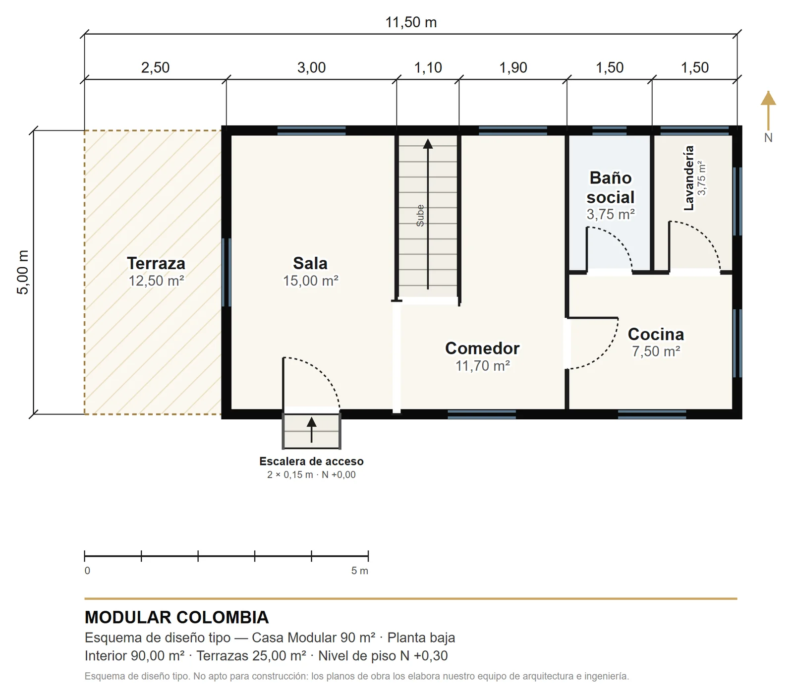 Plano de la planta baja de Casa Modular 90 m² — Modular Colombia