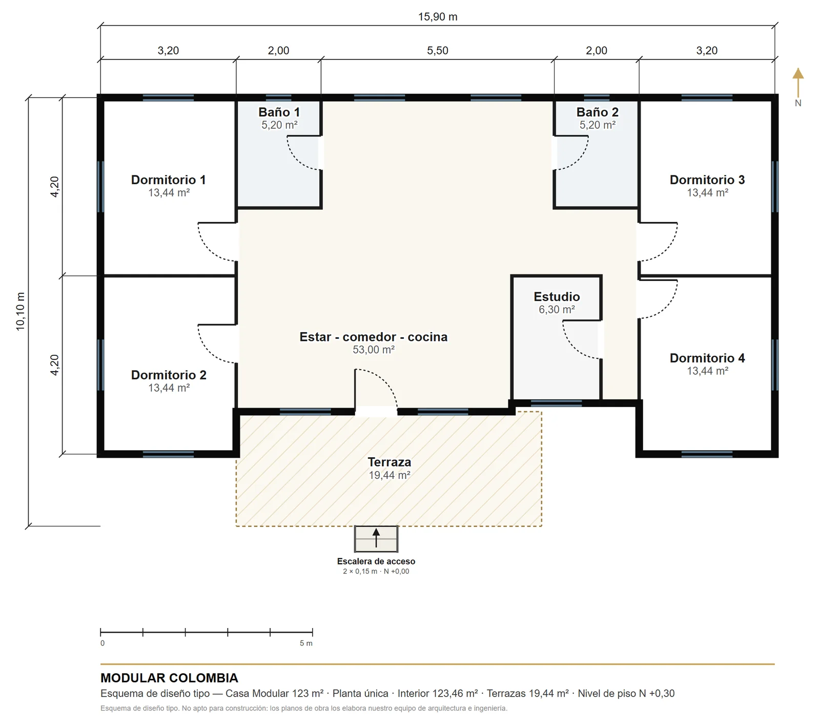 Plano de distribución de Casa Modular 123 m² — Modular Colombia