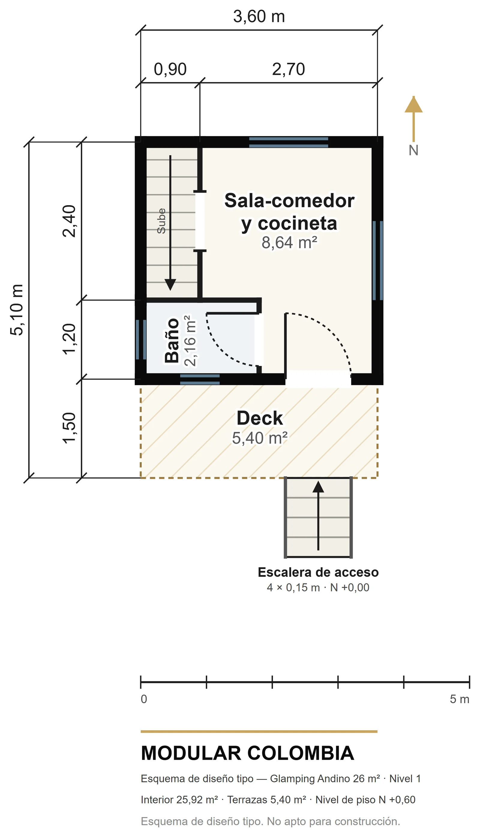 Plano del nivel 1 de Glamping Andino 26 m² — Modular Colombia