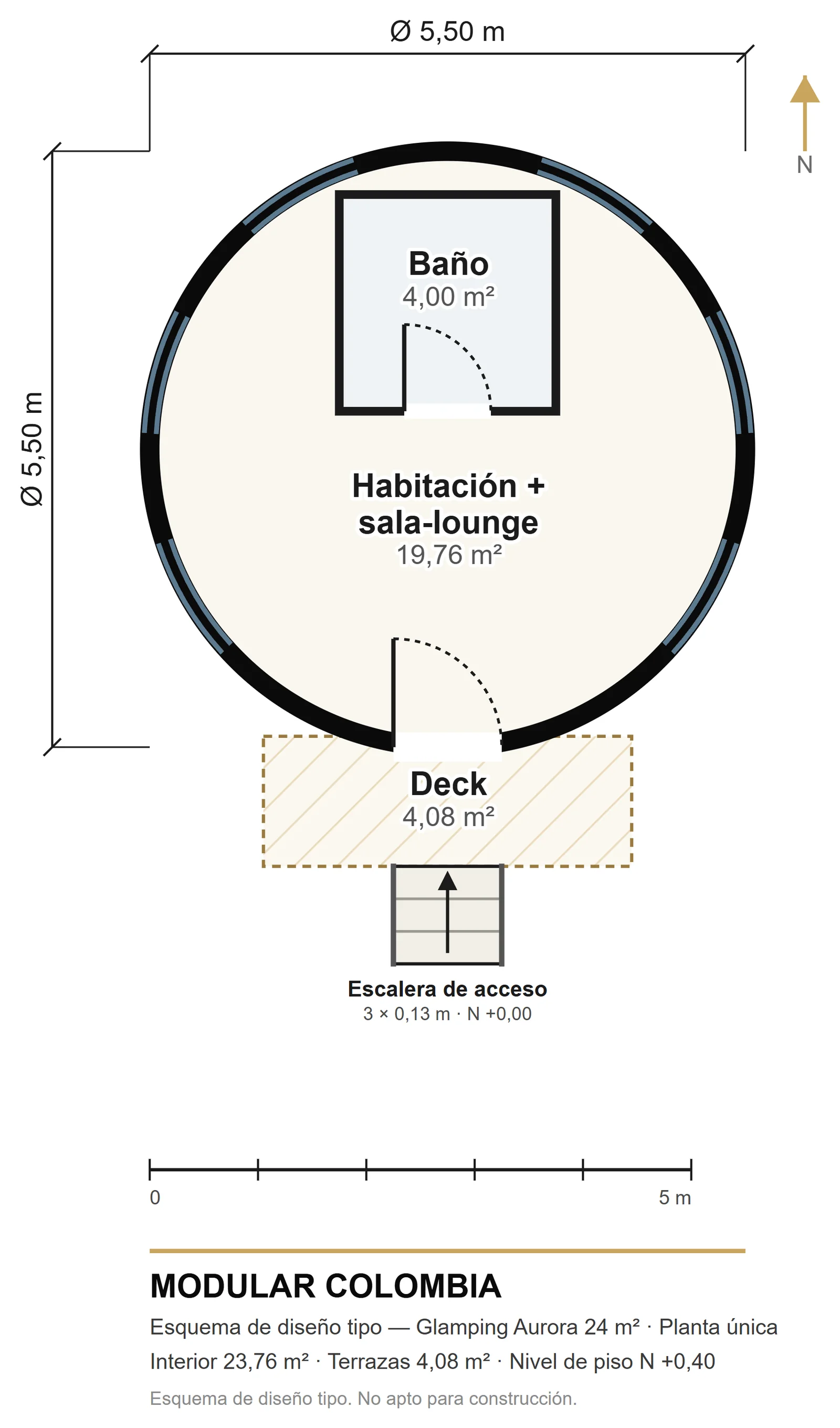 Plano de distribución de Glamping Aurora 24 m² — Modular Colombia