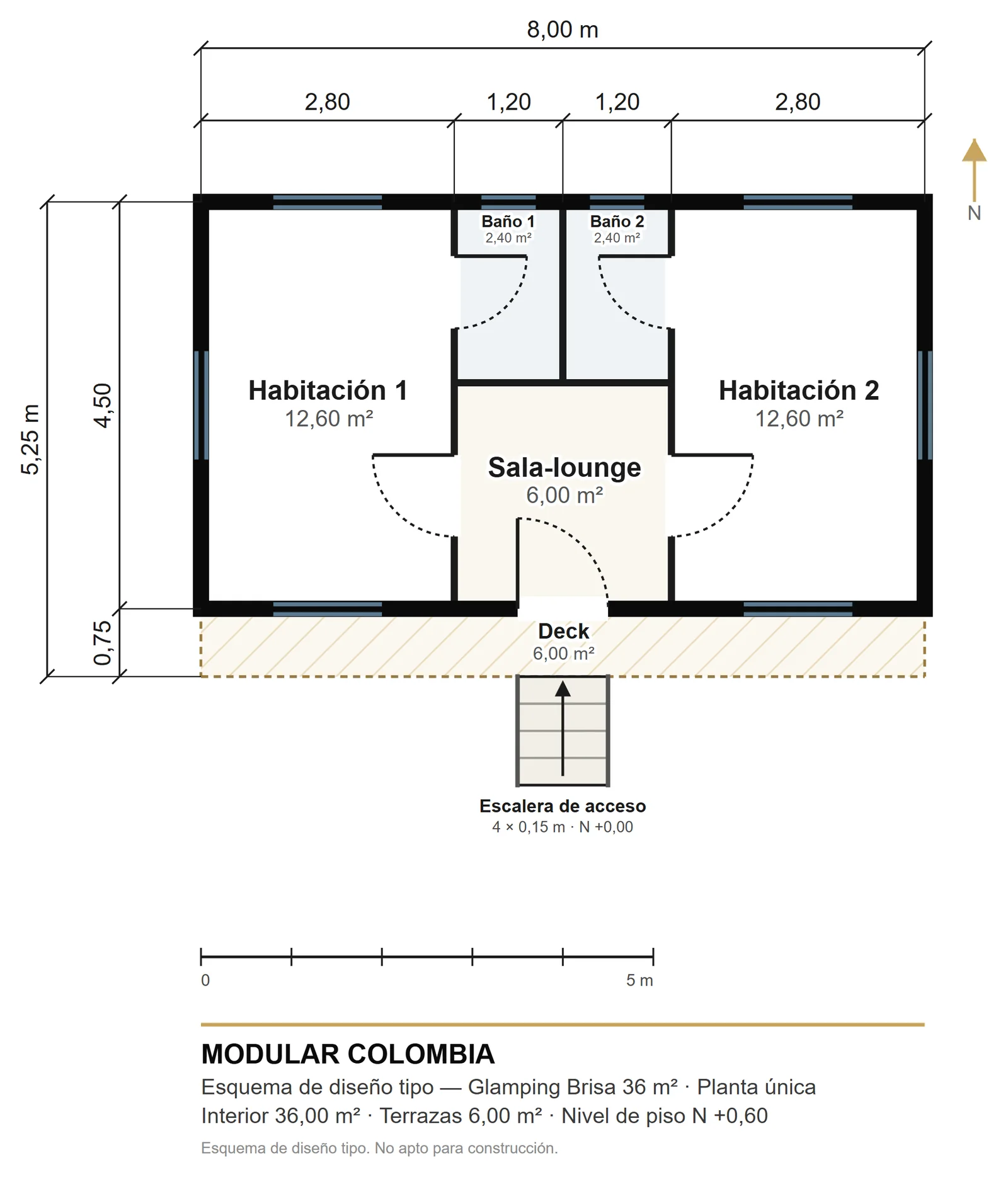 Plano de distribución de Glamping Brisa 36 m² — Modular Colombia