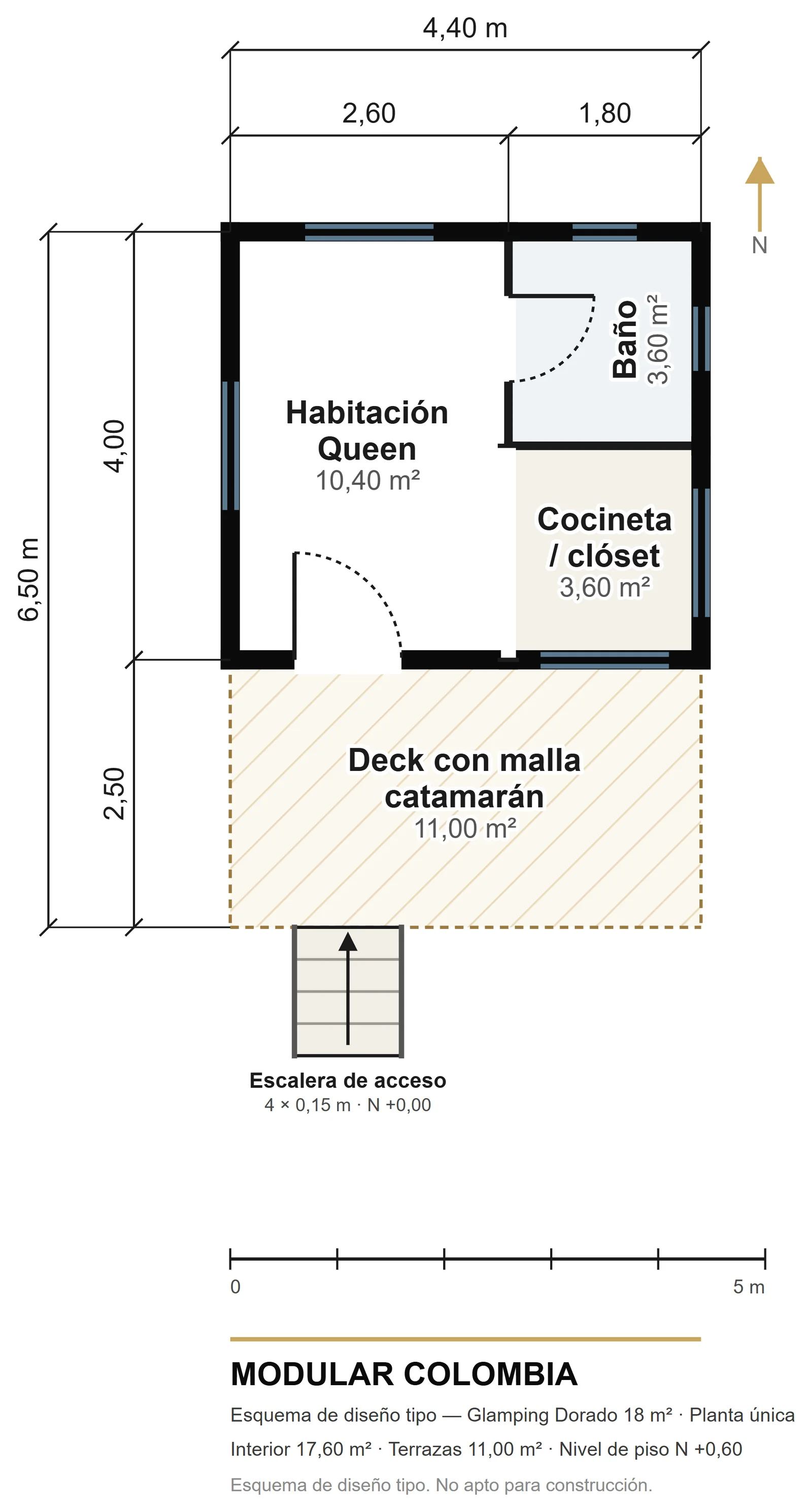 Plano de distribución de Glamping Dorado 18 m² — Modular Colombia