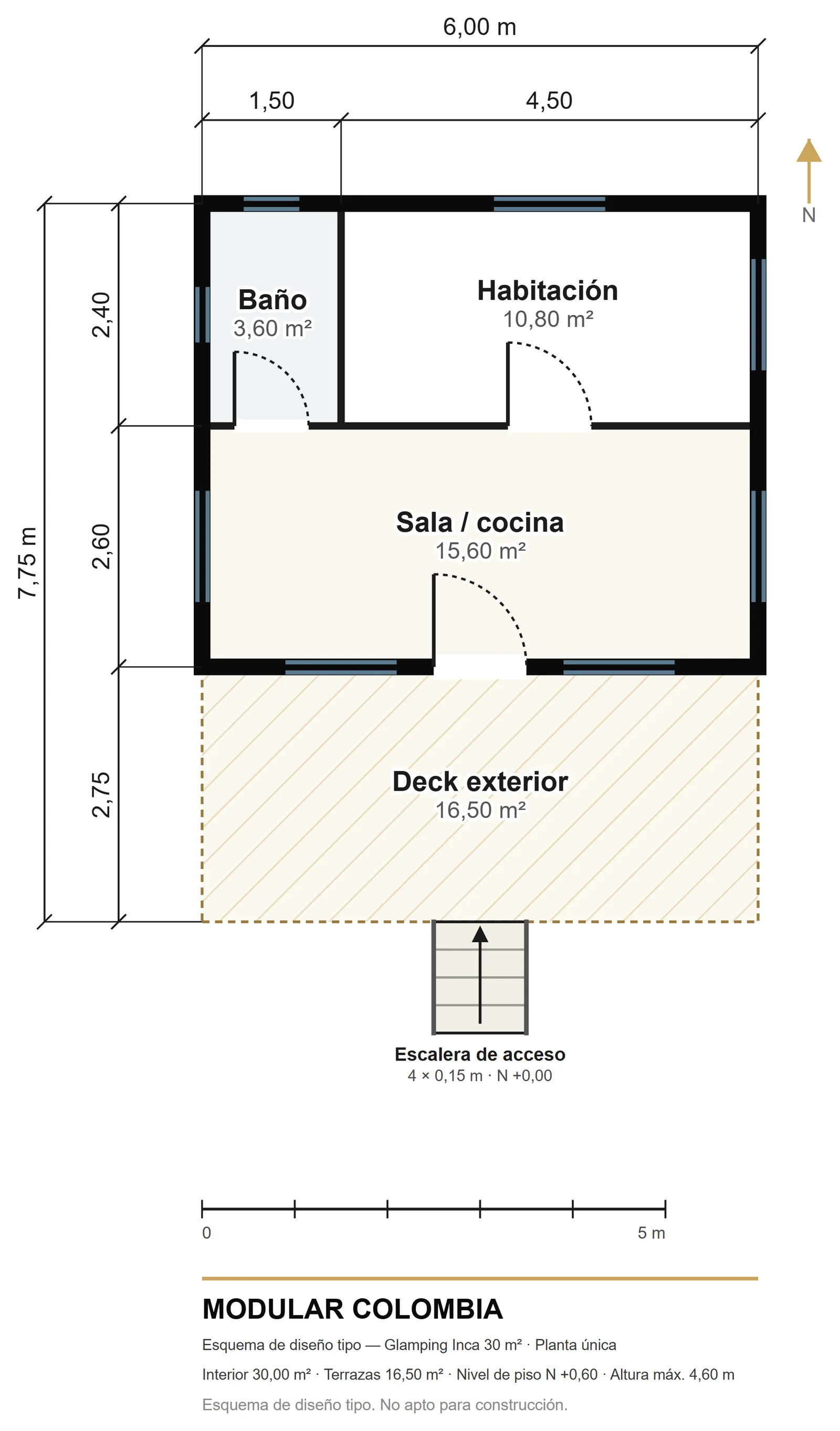 Plano de distribución de Glamping Inca 30 m² — Modular Colombia