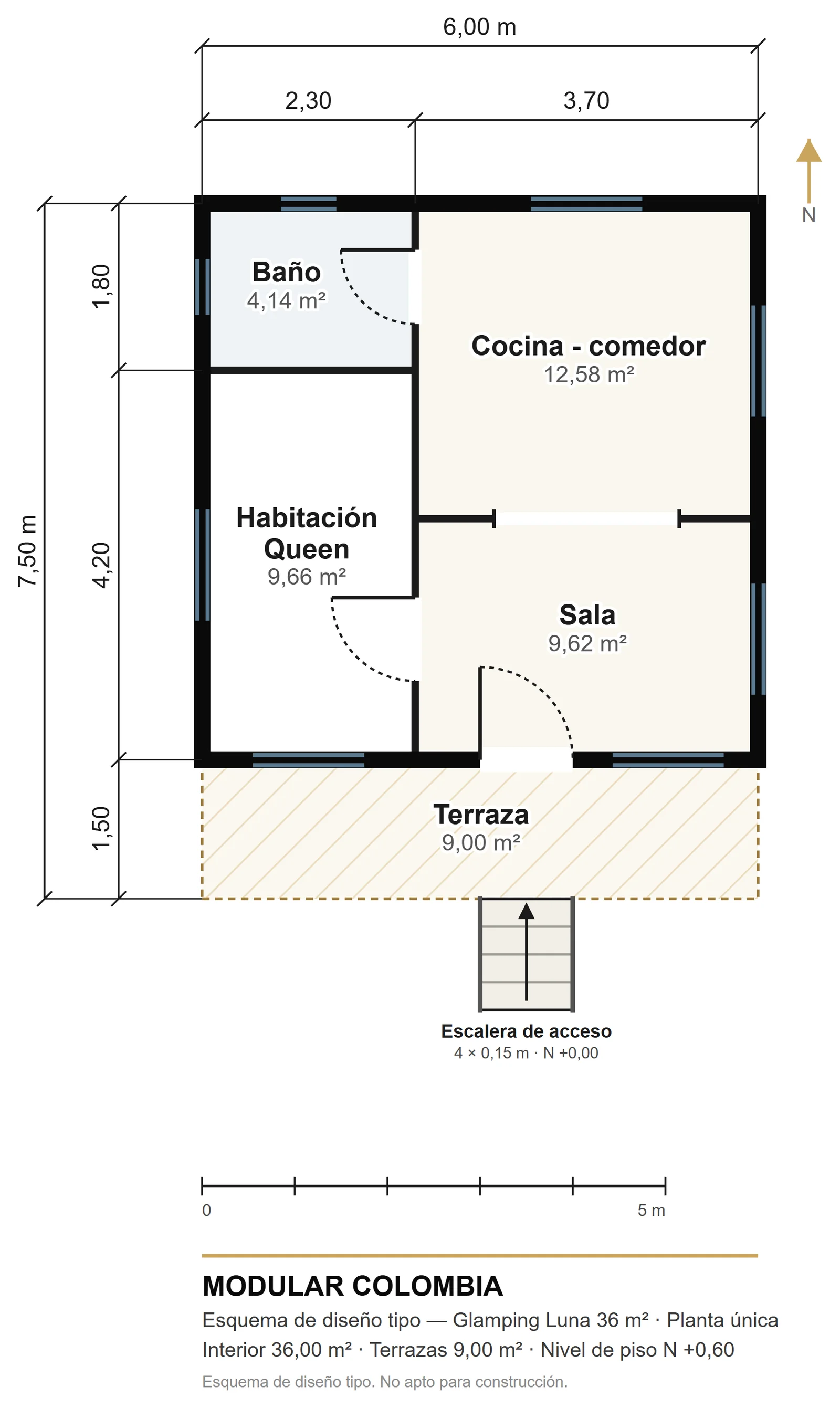 Plano de distribución de Glamping Luna 36 m² — Modular Colombia