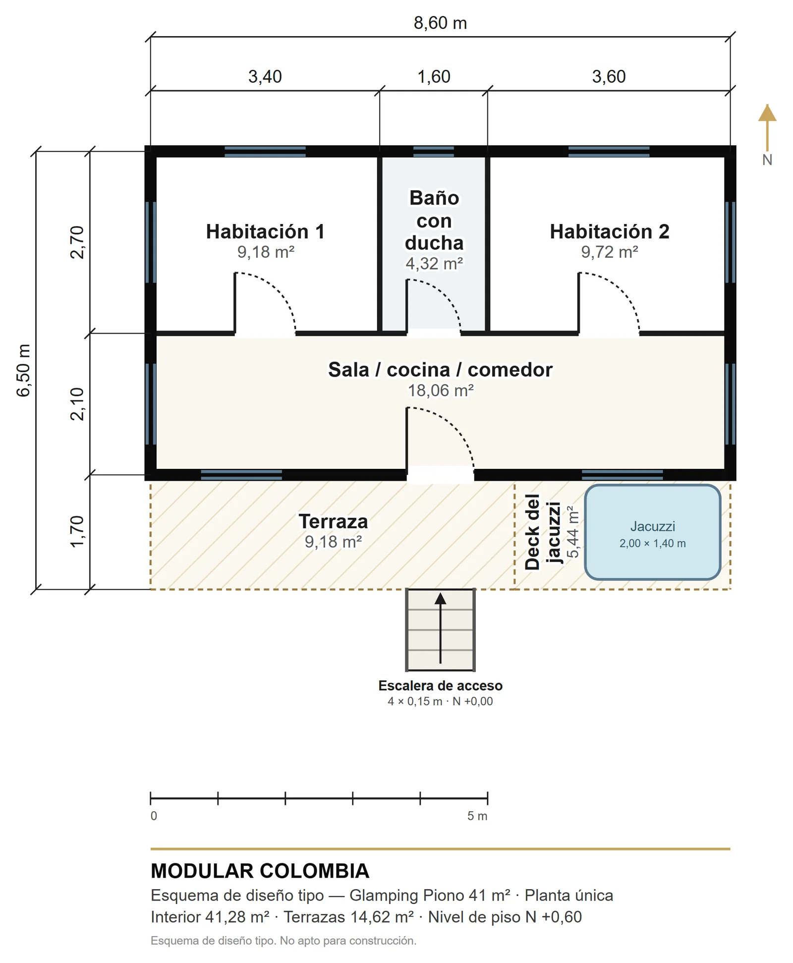 Plano de distribución de Glamping Piono 41 m² — Modular Colombia