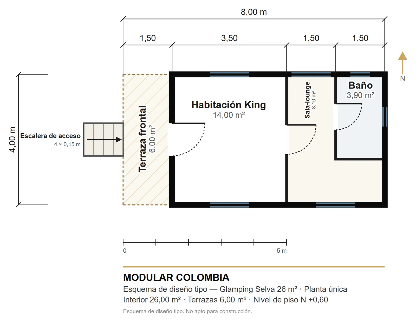 Plano de distribución de Glamping Selva 26 m² — Modular Colombia