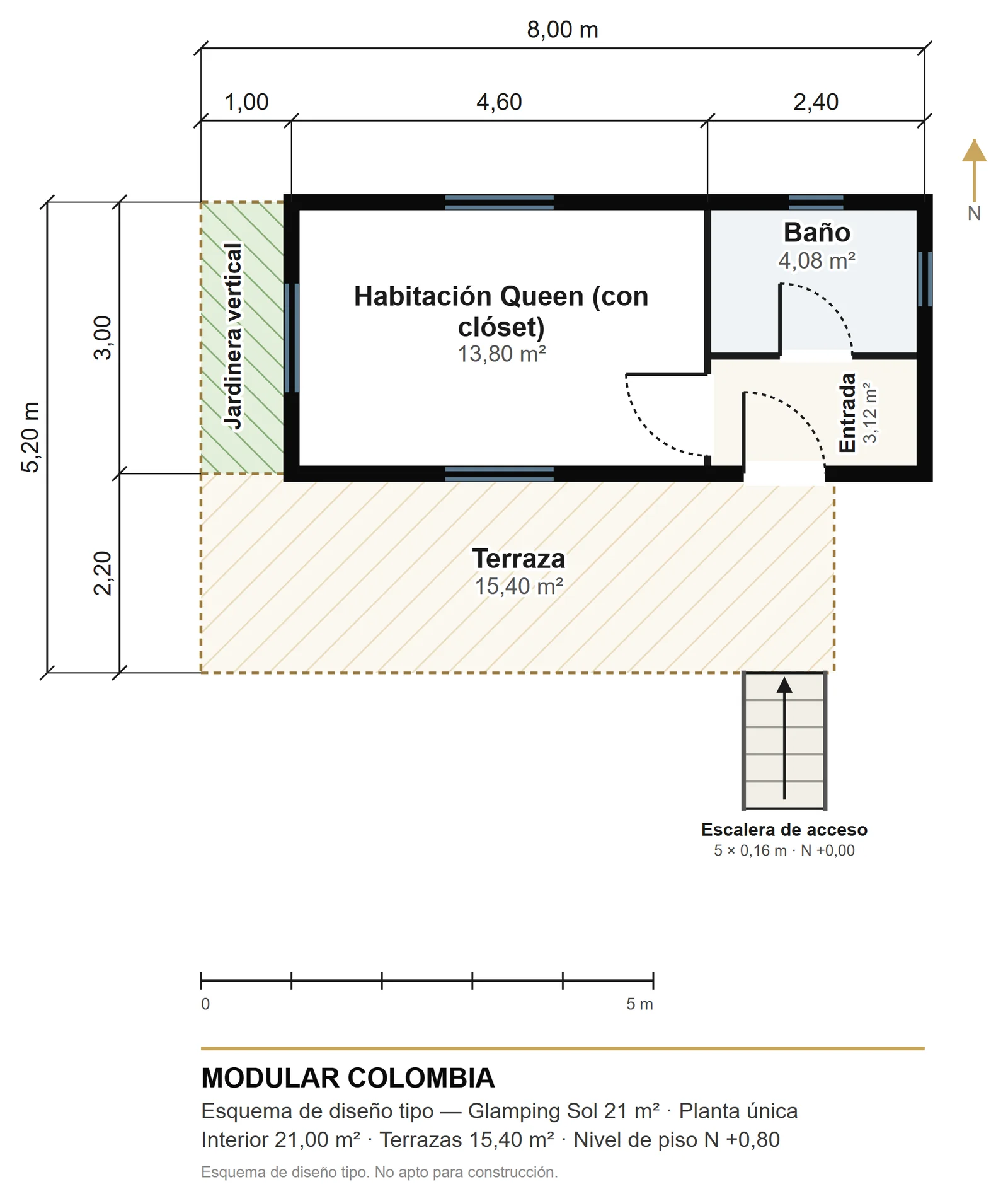 Plano de distribución de Glamping Sol 21 m² — Modular Colombia