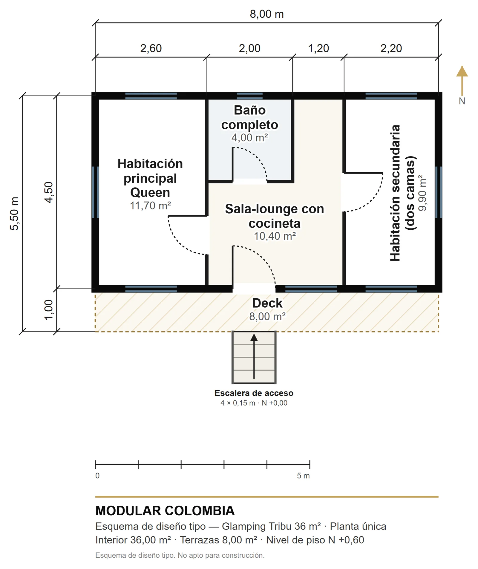 Plano de distribución de Glamping Tribu 36 m² — Modular Colombia