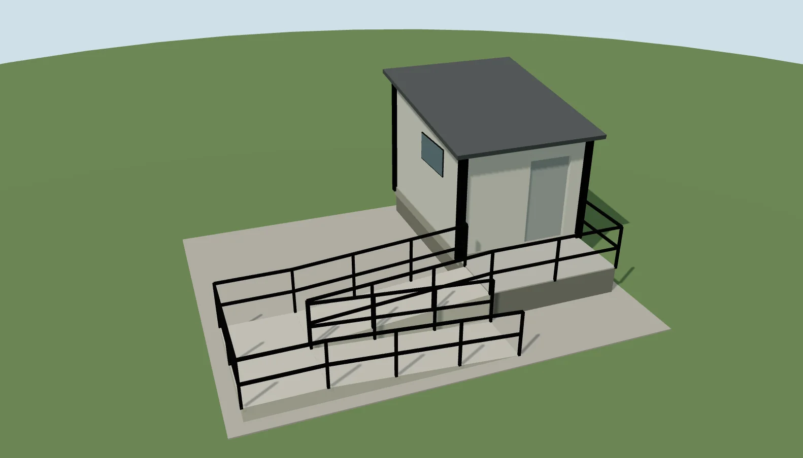 Vista 3D de la sala de lactancia modular de 12 m² sobre estructura elevada con plataforma y rampa en U