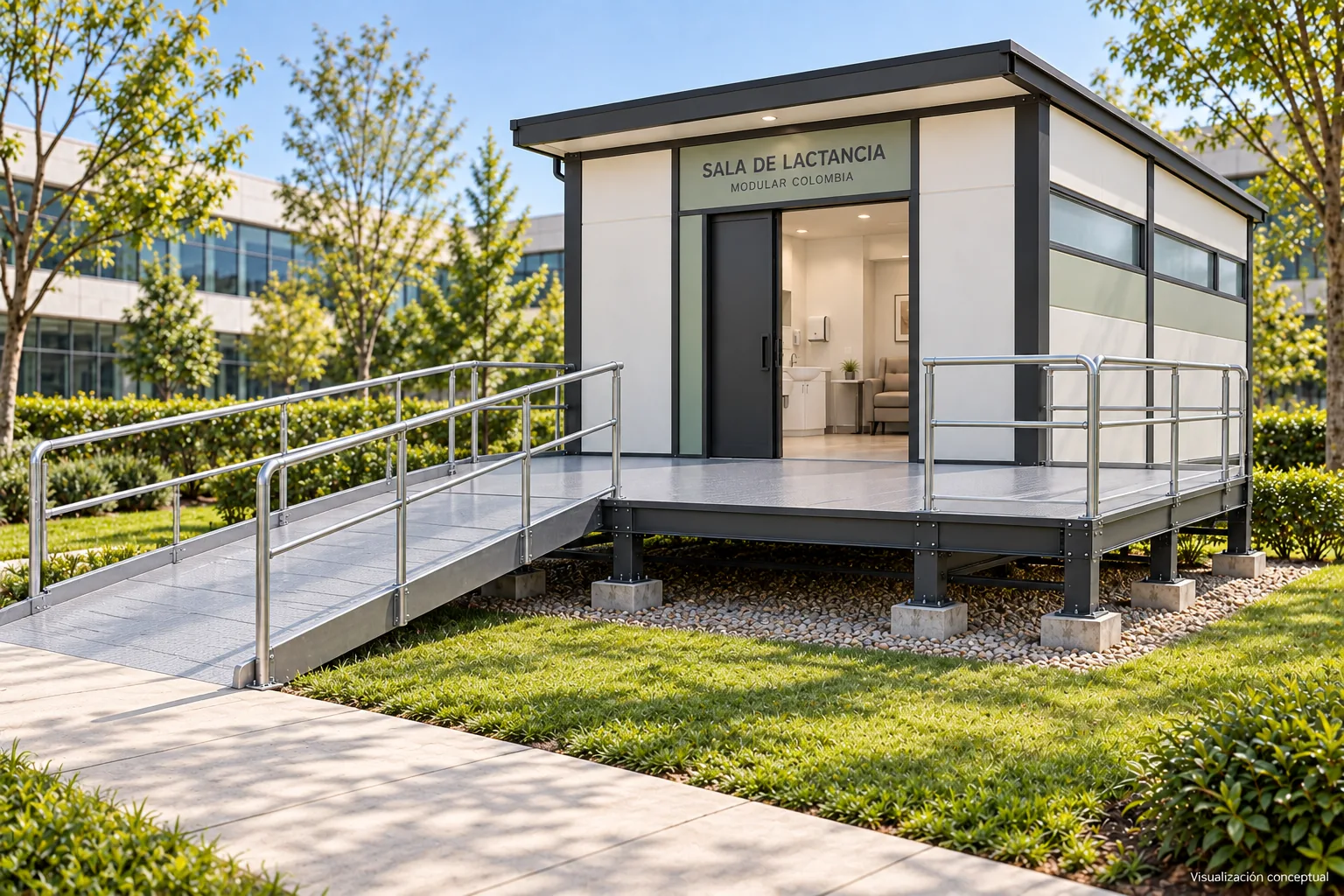 Sala de lactancia modular de 12 m² con rampa de acceso en estructura metálica, Resolución 610 de 2026